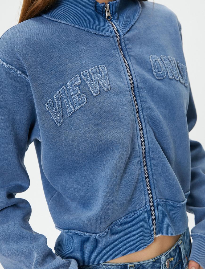   Şardonlu Crop Fermuarlı Sweatshirt Dik Yaka Soluk Efektli Aplike Detaylı Rahat Kalıp
