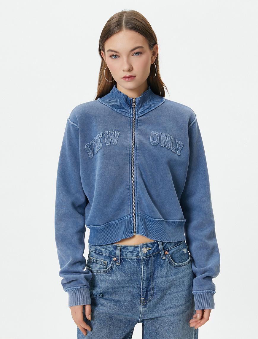   Şardonlu Crop Fermuarlı Sweatshirt Dik Yaka Soluk Efektli Aplike Detaylı Rahat Kalıp
