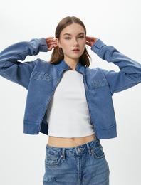Şardonlu Crop Fermuarlı Sweatshirt Dik Yaka Soluk Efektli Aplike Detaylı Rahat Kalıp