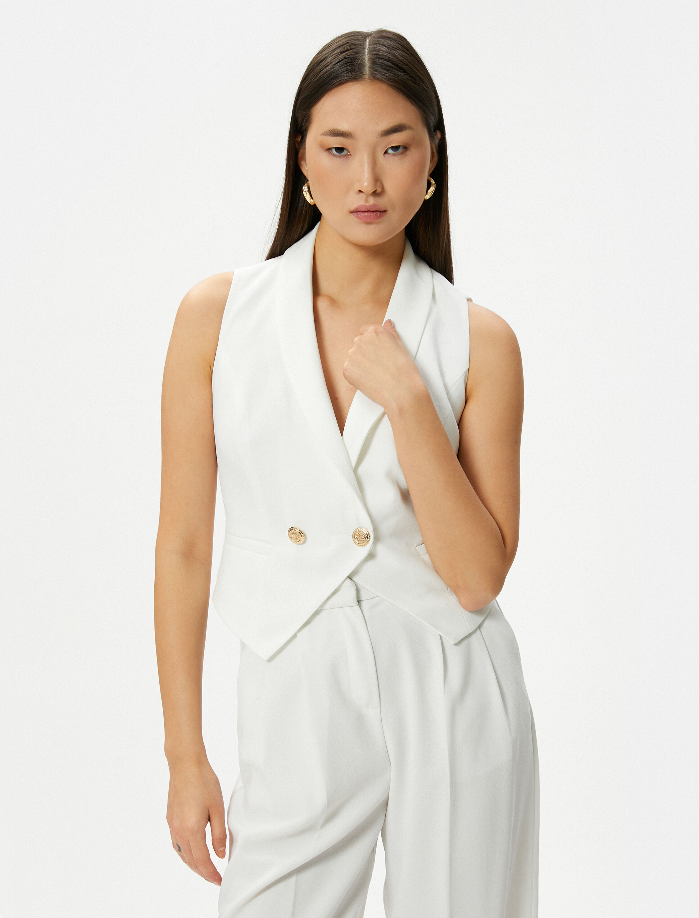   Kruvaze Yelek Gold Düğmeli Fleto Cepli