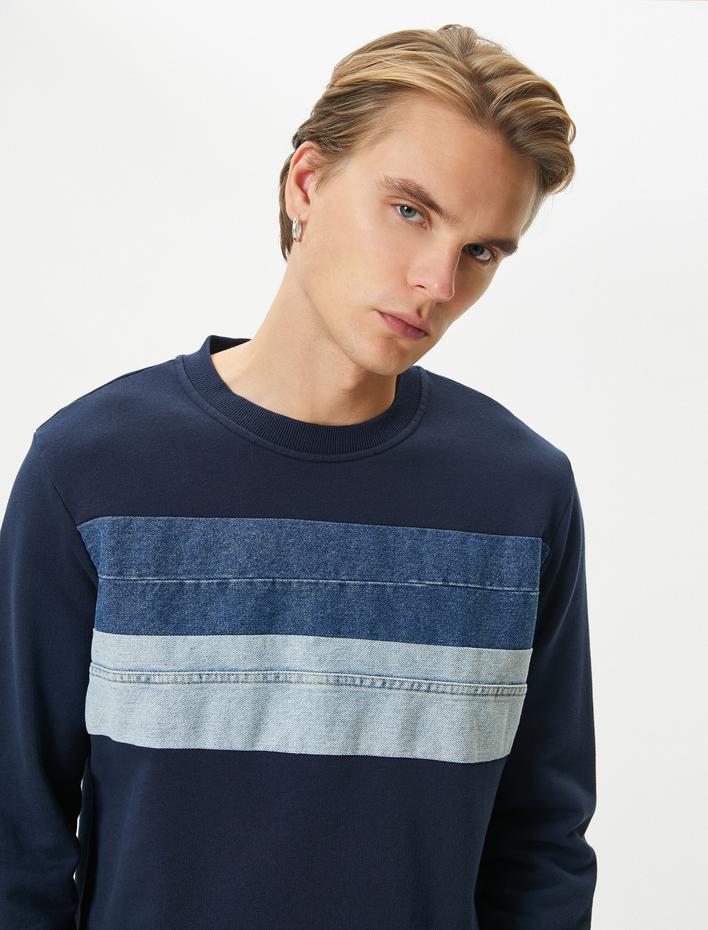  Bisiklet Yaka Sweatshirt Kumaş Bloklu Uzun Kollu Pamuklu