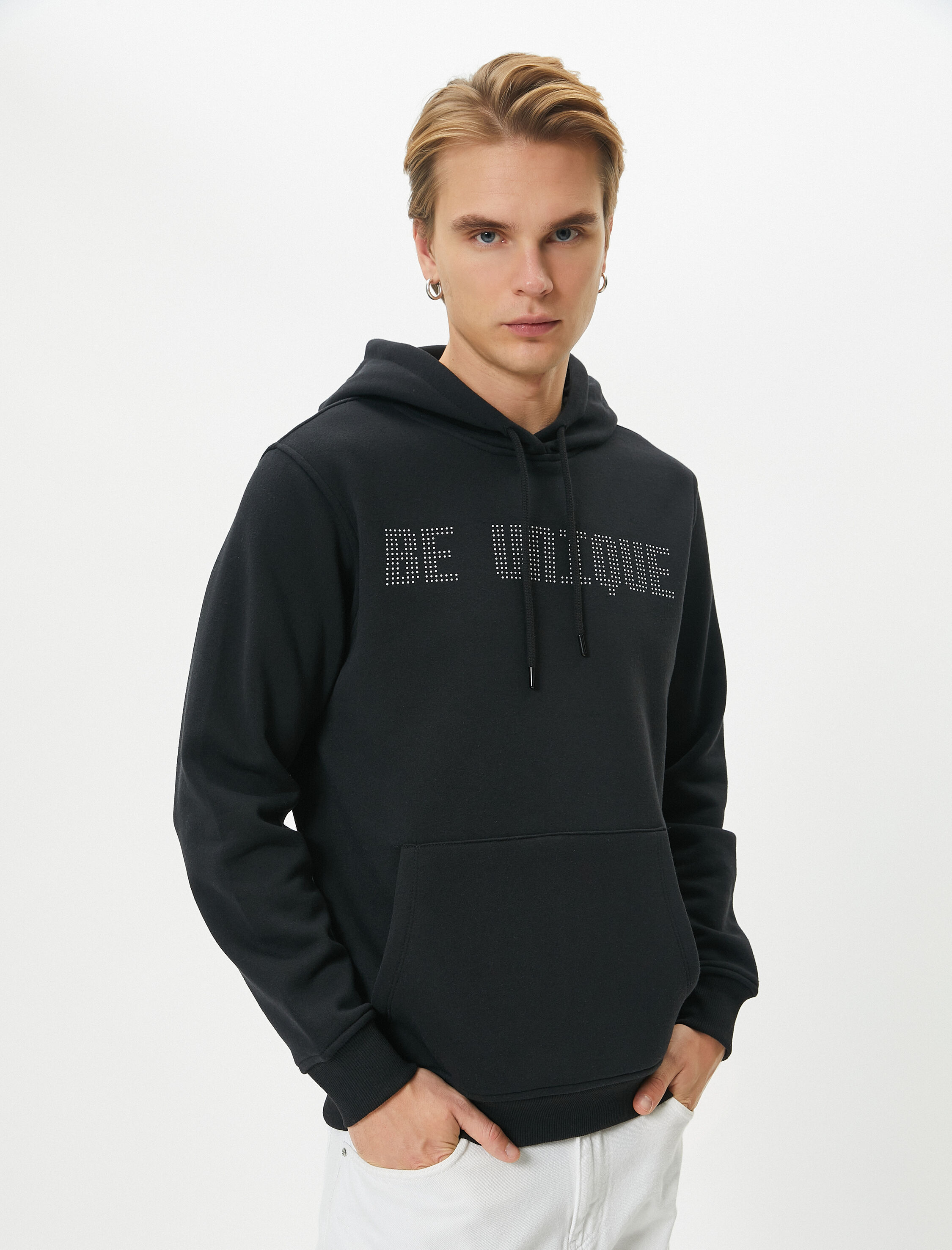   Kapşonlu Sweatshirt Slogan İşlemeli Kanguru Cepli