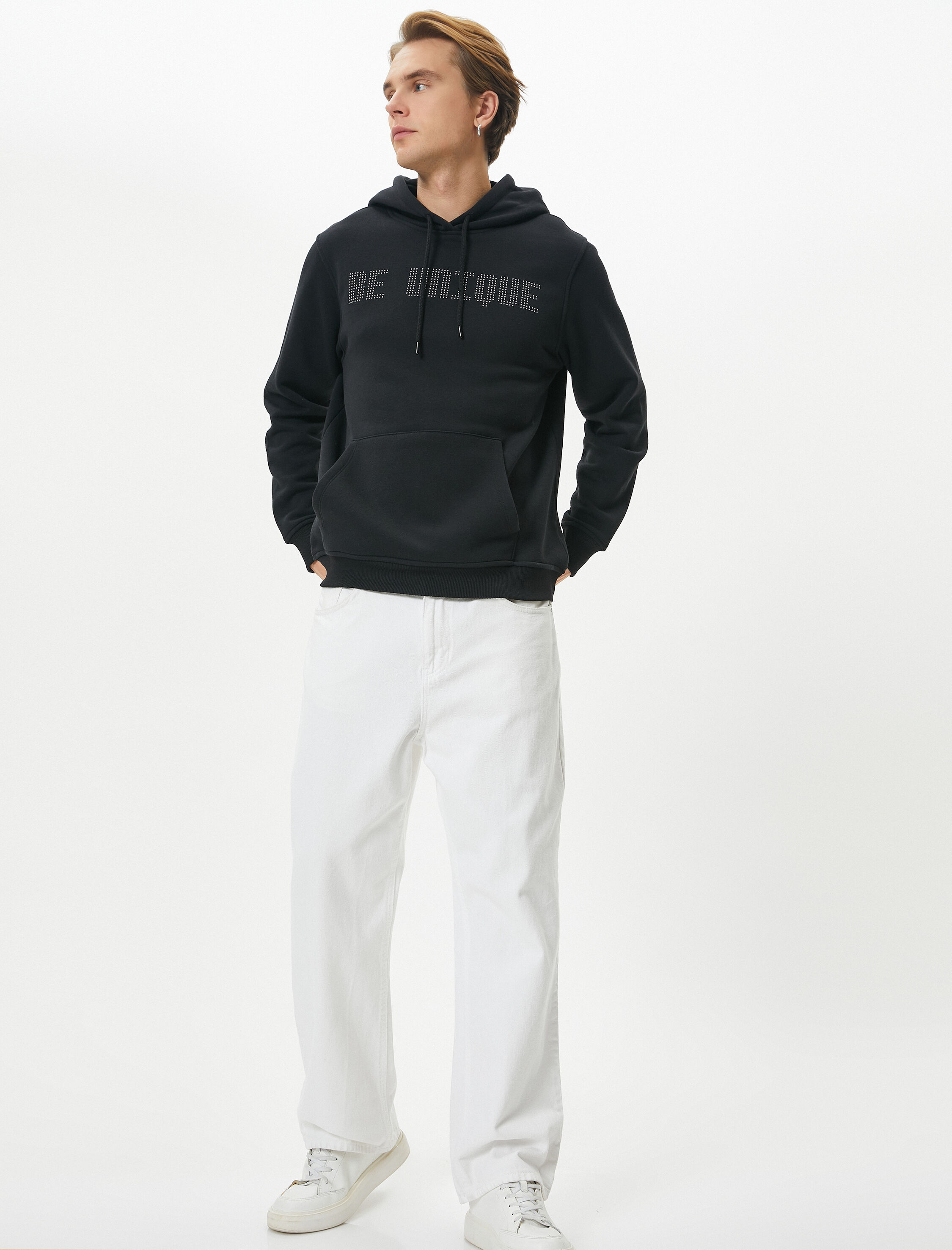   Kapşonlu Sweatshirt Slogan İşlemeli Kanguru Cepli