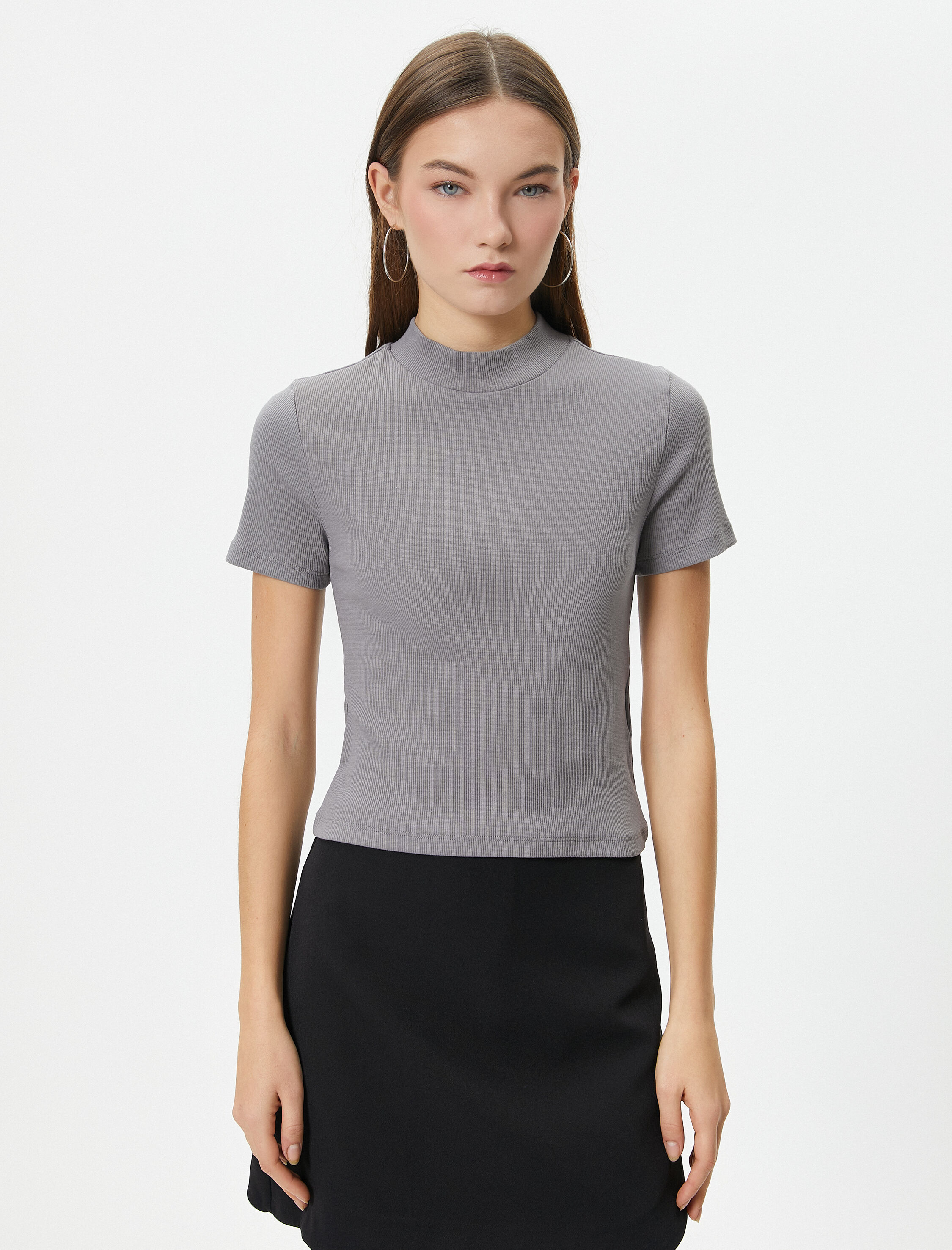   Balıkçı Yaka Crop Tişört Slim Fit Kısa Kollu Kaşkorse Pamuklu