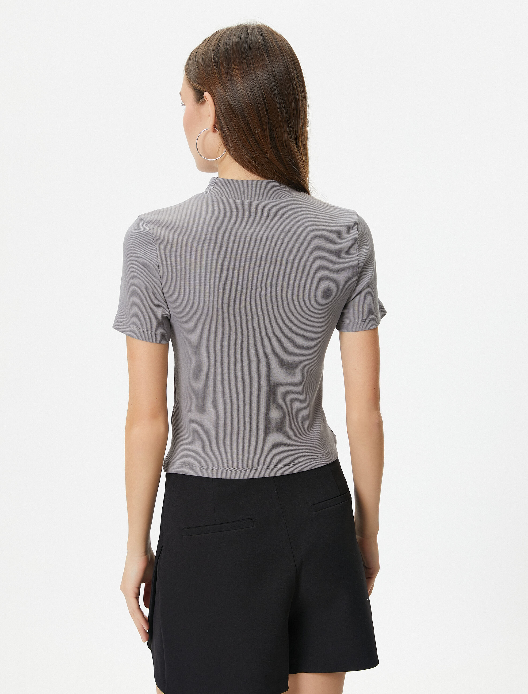   Balıkçı Yaka Crop Tişört Slim Fit Kısa Kollu Kaşkorse Pamuklu