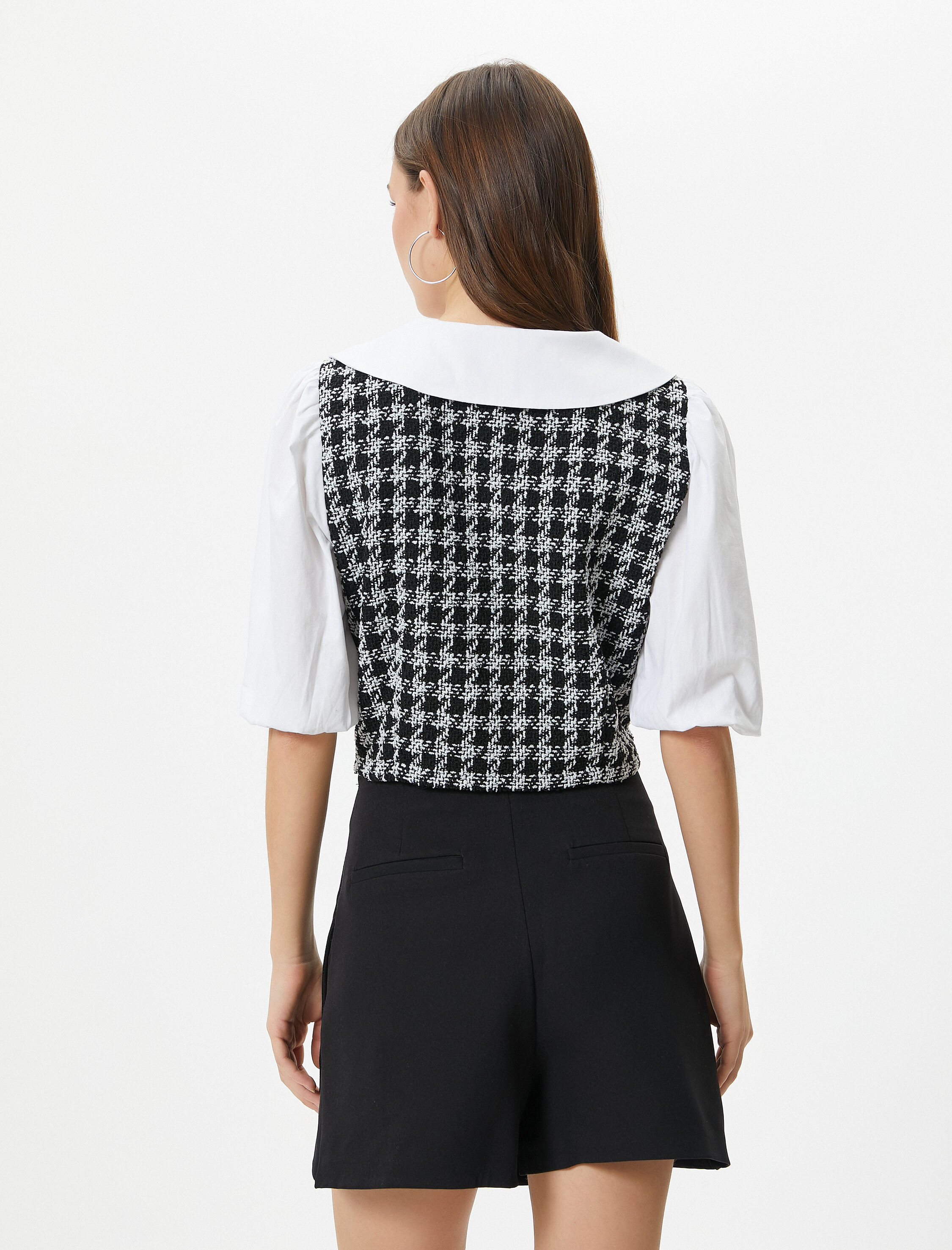   Tüvit Bluz Geniş Bebe Yaka Kısa Balon Kollu Renk Kontrastlı