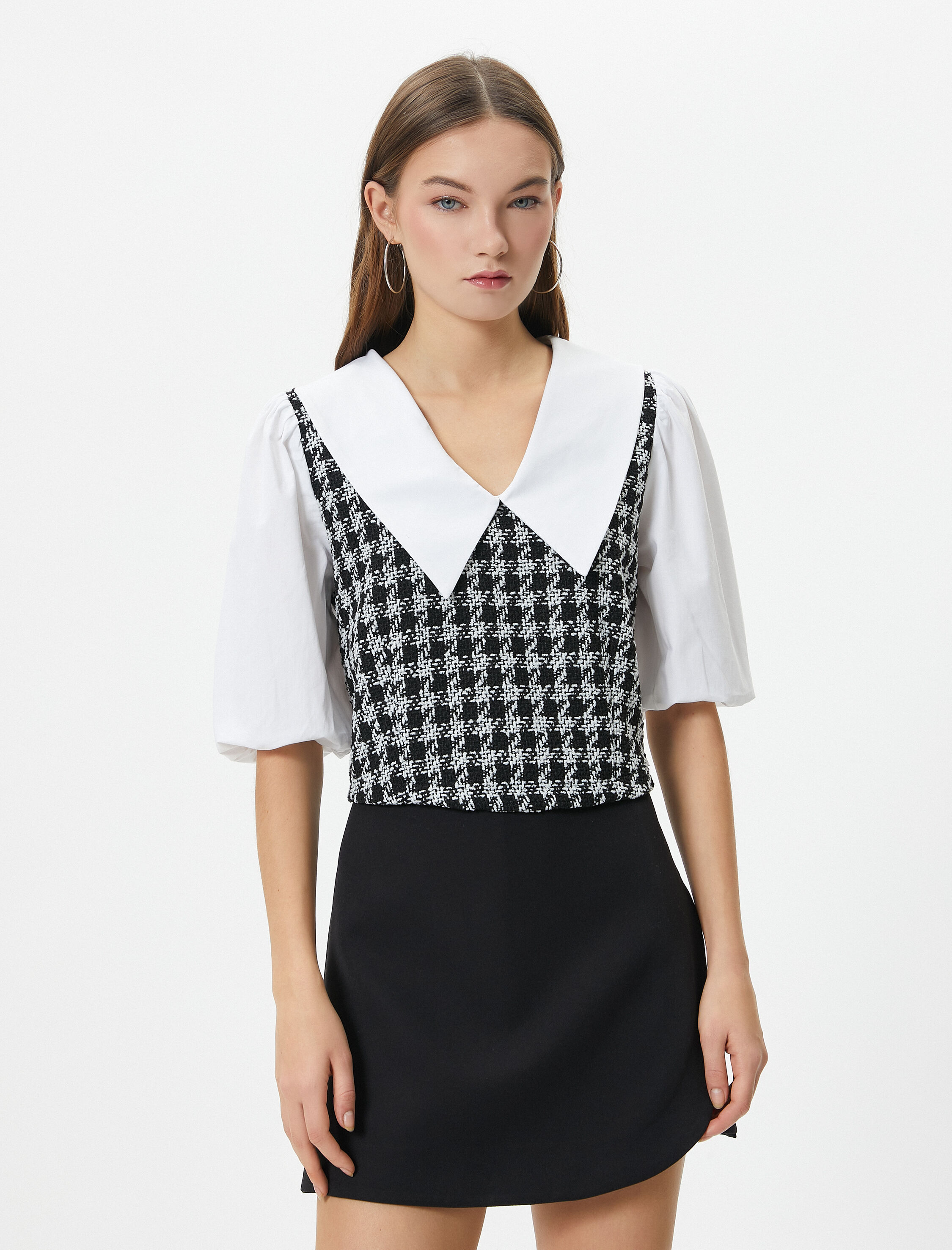   Tüvit Bluz Geniş Bebe Yaka Kısa Balon Kollu Renk Kontrastlı