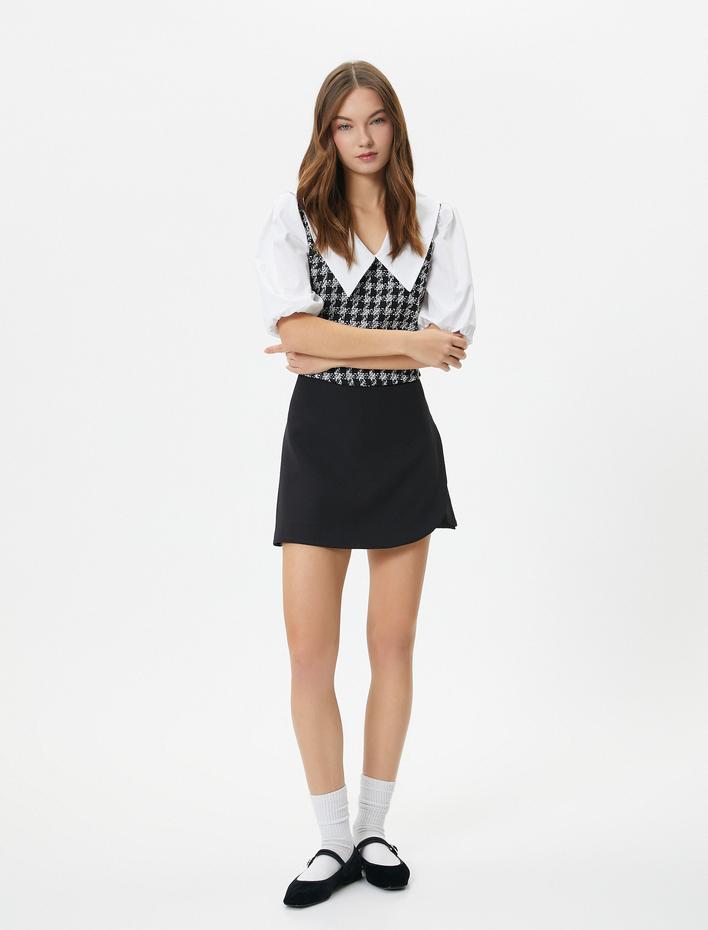  Tüvit Bluz Geniş Bebe Yaka Kısa Balon Kollu Renk Kontrastlı