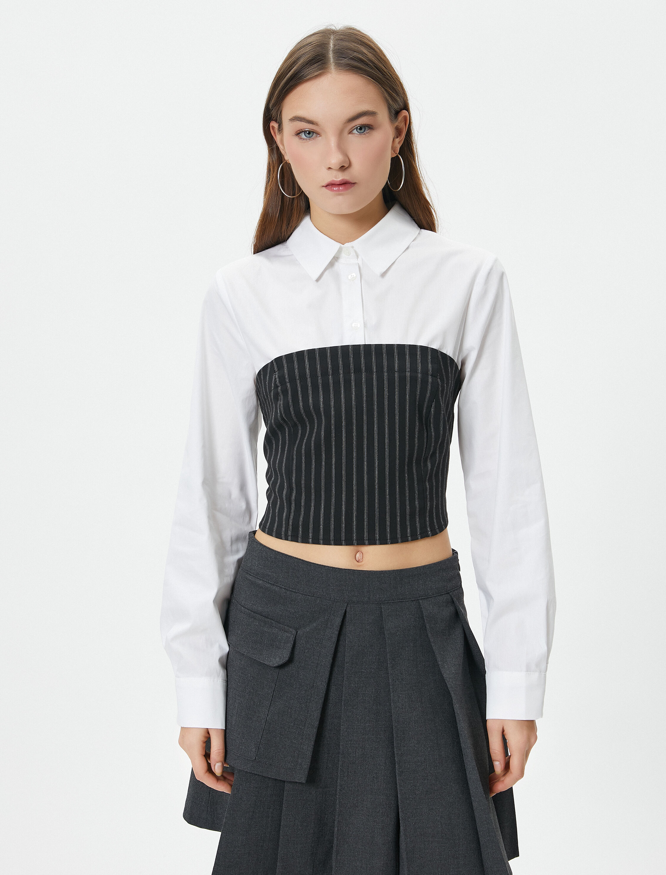   Crop Gömlek Uzun Kollu Straplez Korse Detaylı Slim Fit