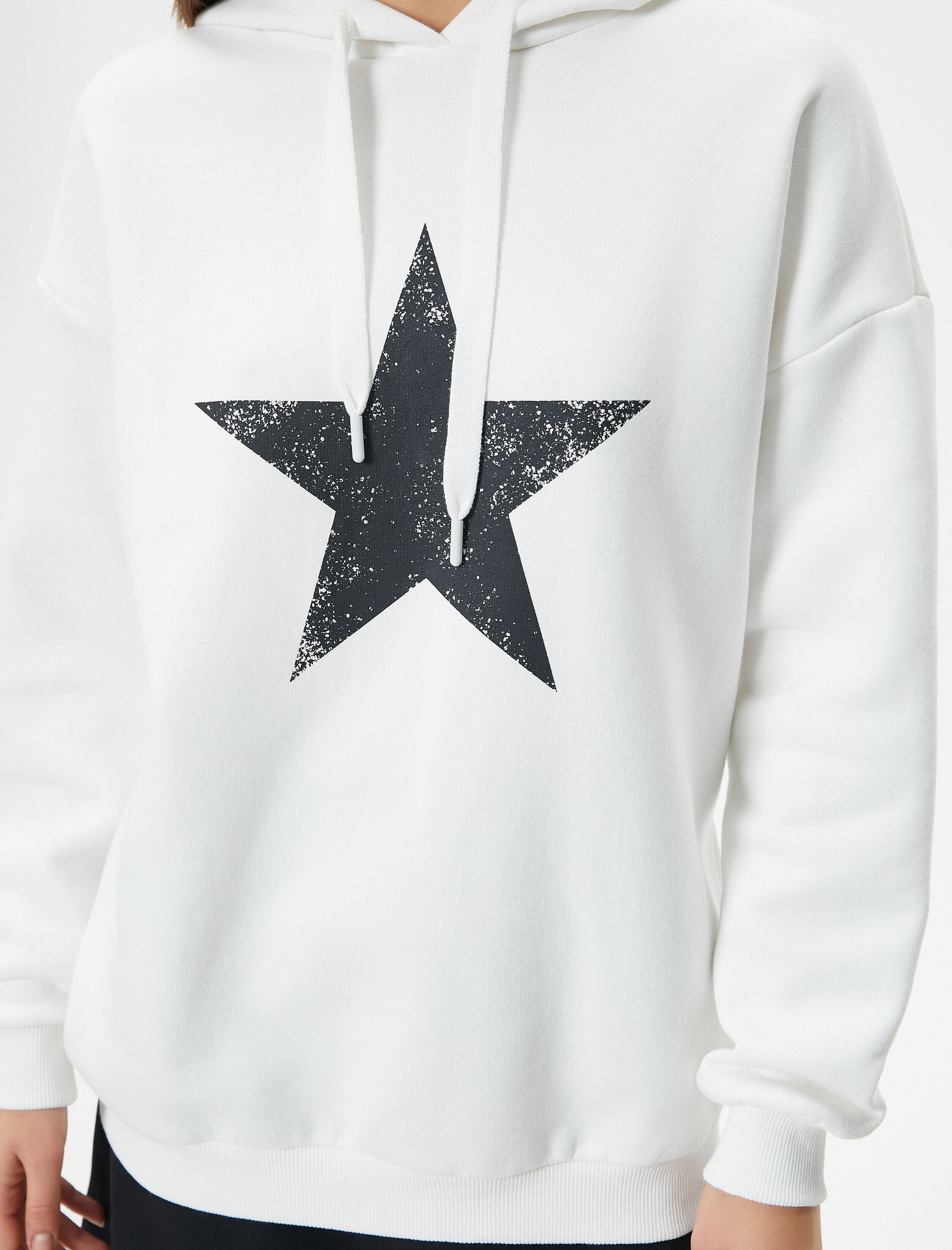   Şardonlu Oversize Kapşonlu Sweatshirt Yıldız Baskılı Uzun Kollu