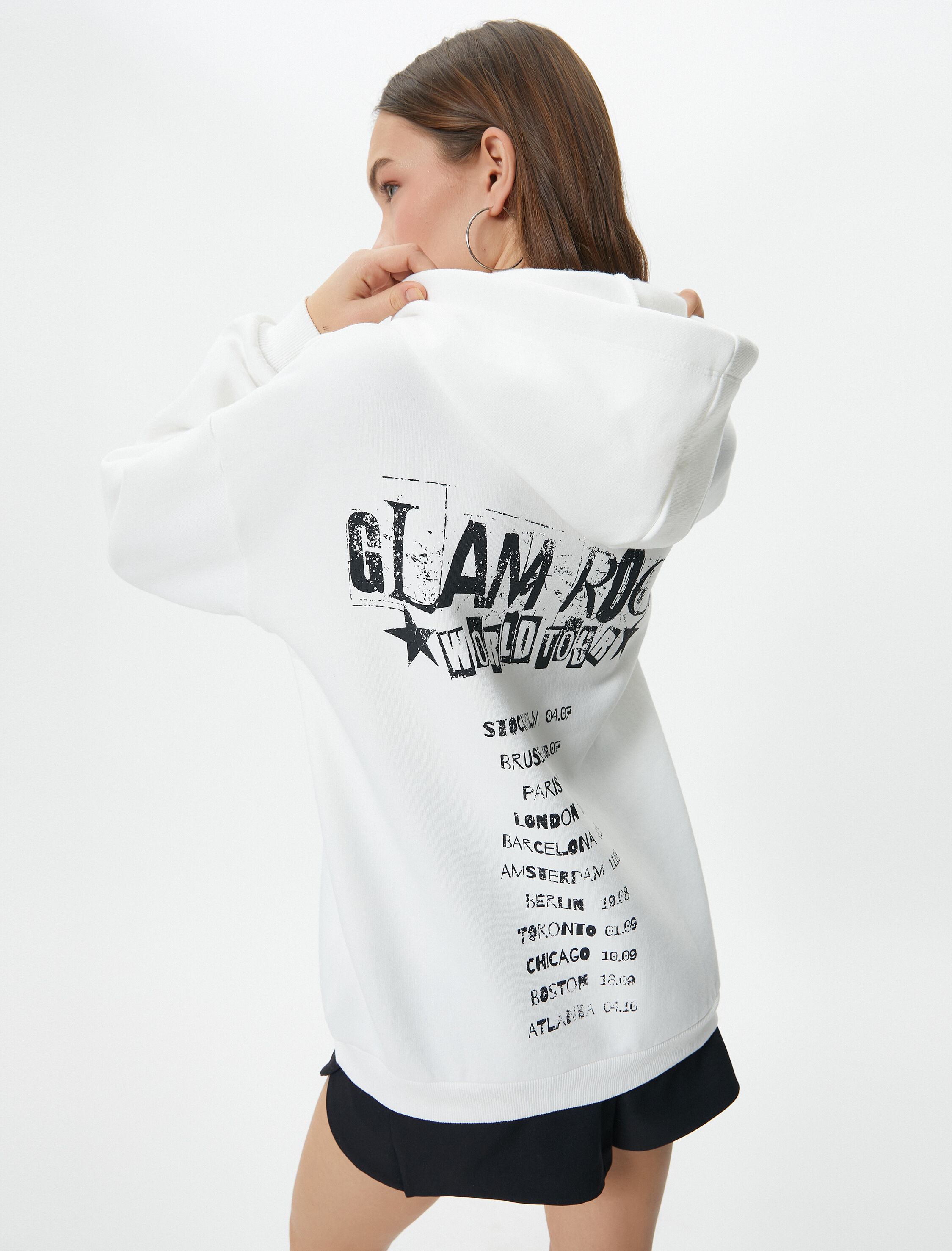   Şardonlu Oversize Kapşonlu Sweatshirt Yıldız Baskılı Uzun Kollu