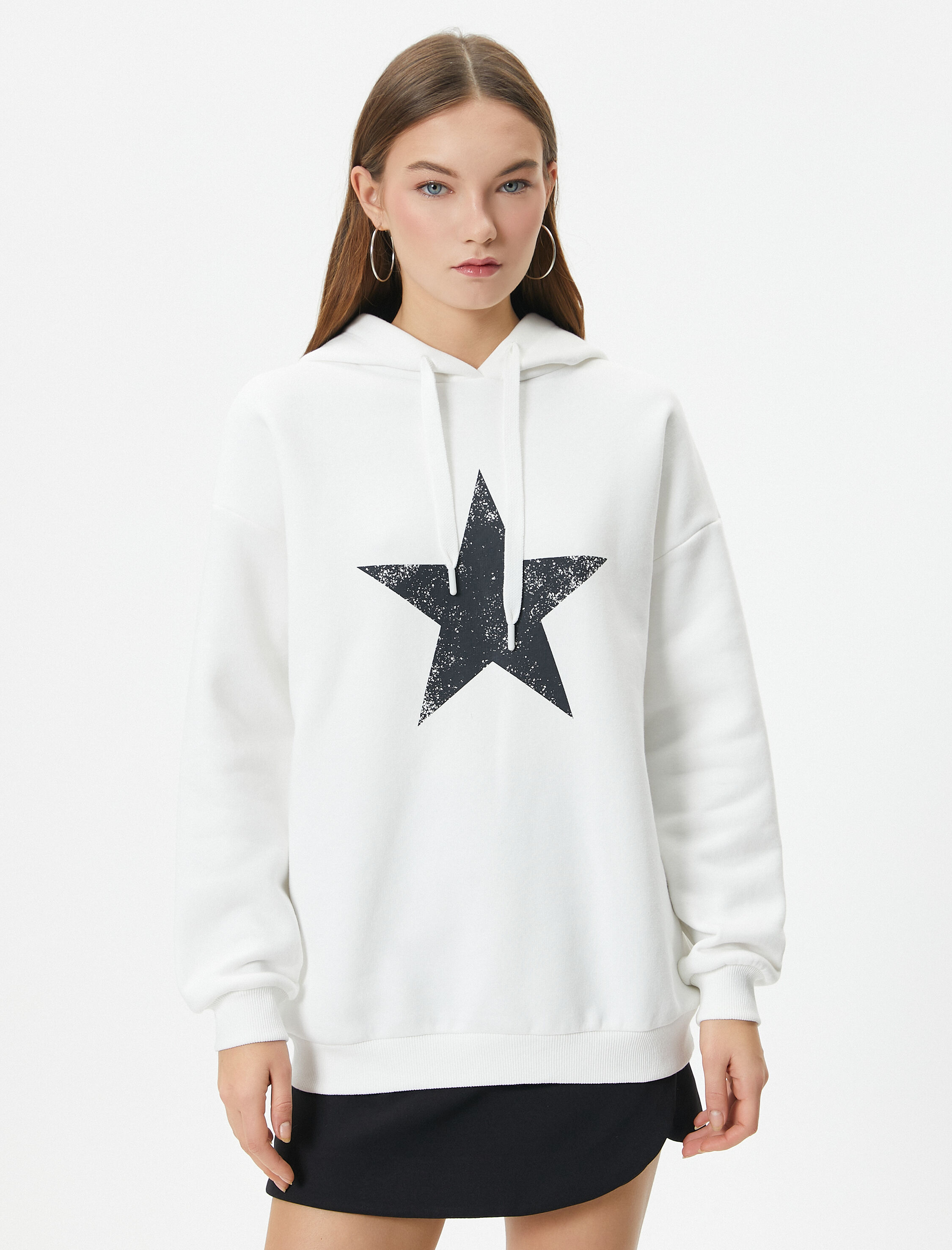   Şardonlu Oversize Kapşonlu Sweatshirt Yıldız Baskılı Uzun Kollu