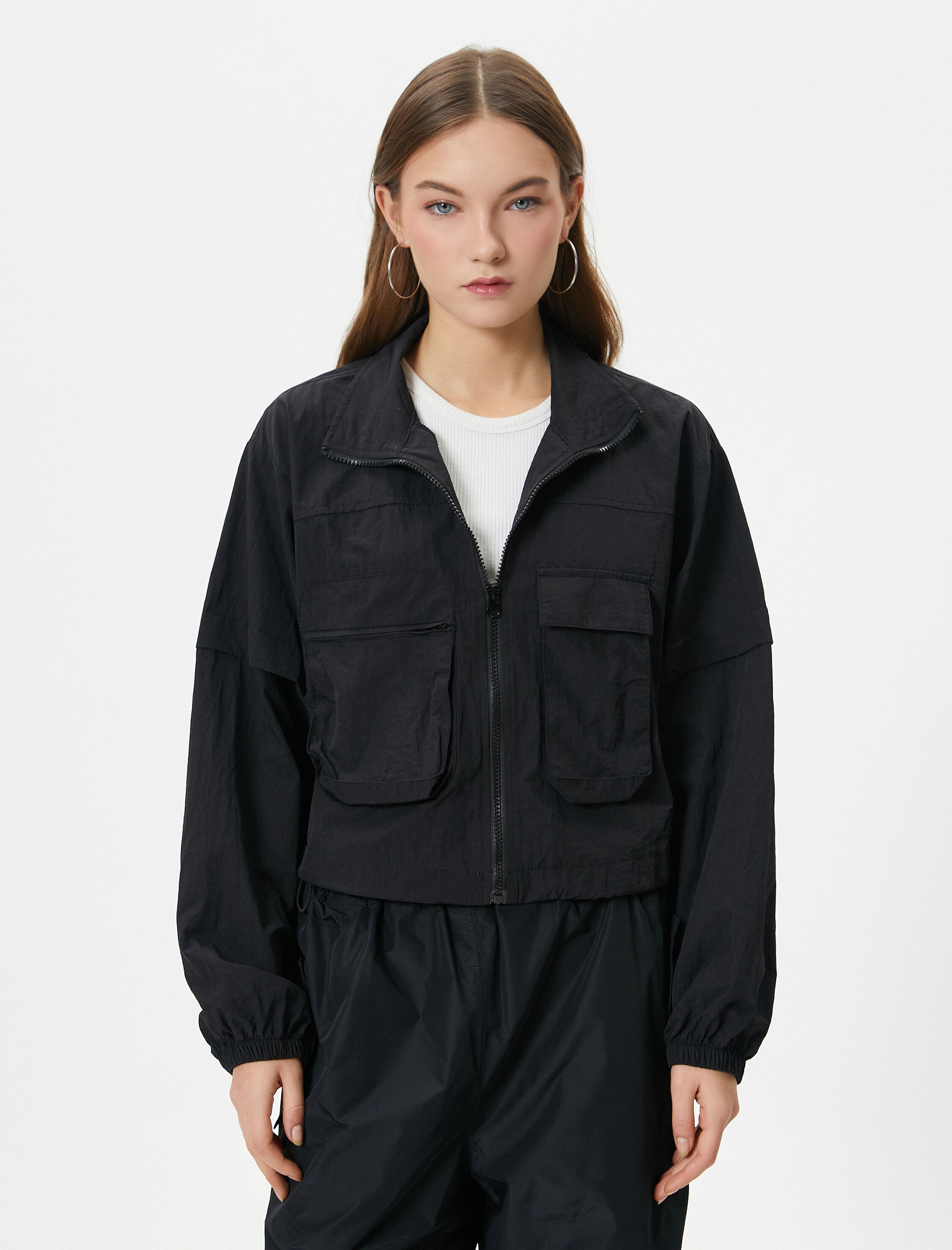   Paraşüt Ceket Fermuarlı Dik Yaka Kapaklı Cepli Uzun Kollu