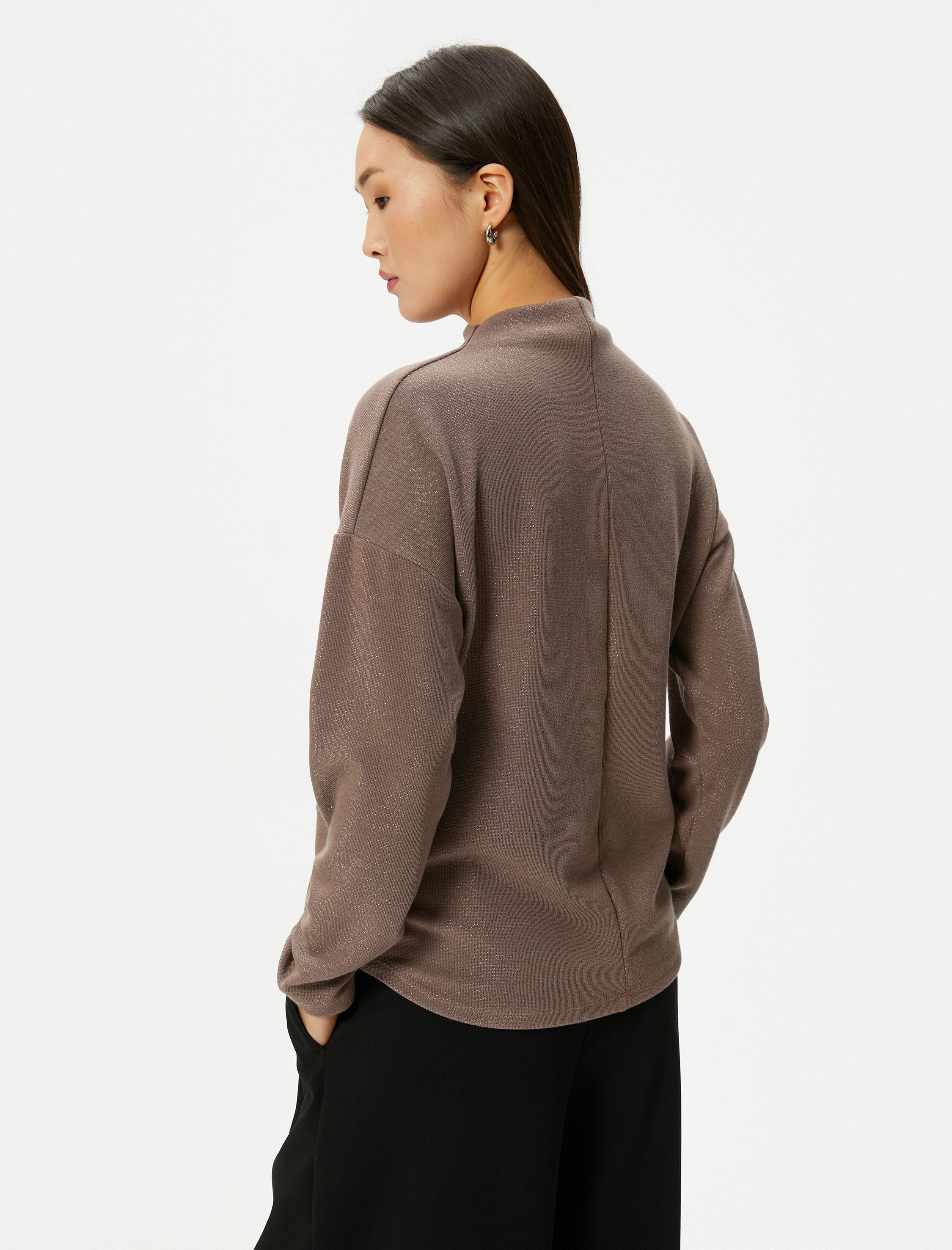   Uzun Kollu Tişört Dik Yaka Simli