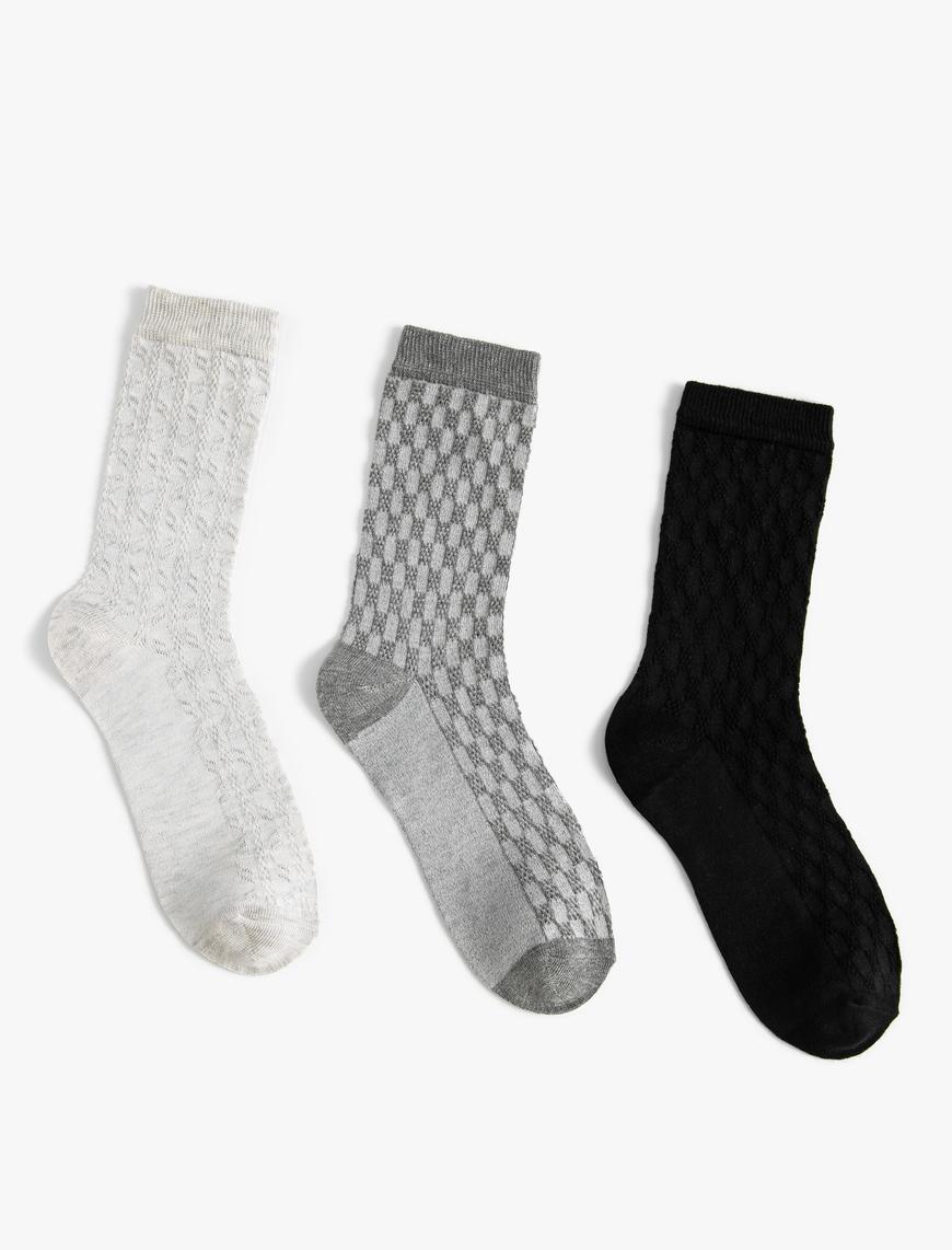  Kadın 3'lü Soket Çorap Seti Geometrik Desenli Çok Renkli
