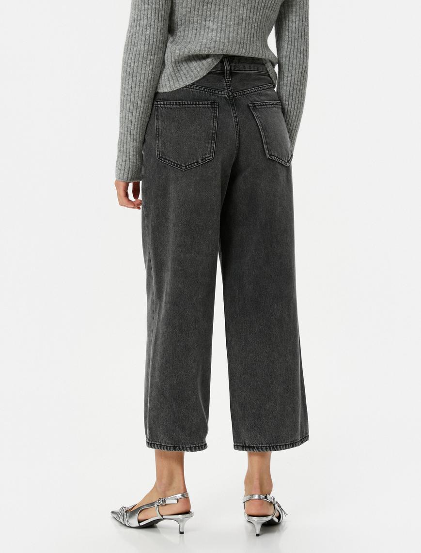   Kısa Ekstra Geniş Paça Kot Pantolon Standart Bel Cepli Pamuklu - Bianca Crop Jean