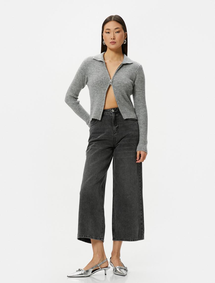   Kısa Ekstra Geniş Paça Kot Pantolon Standart Bel Cepli Pamuklu - Bianca Crop Jean