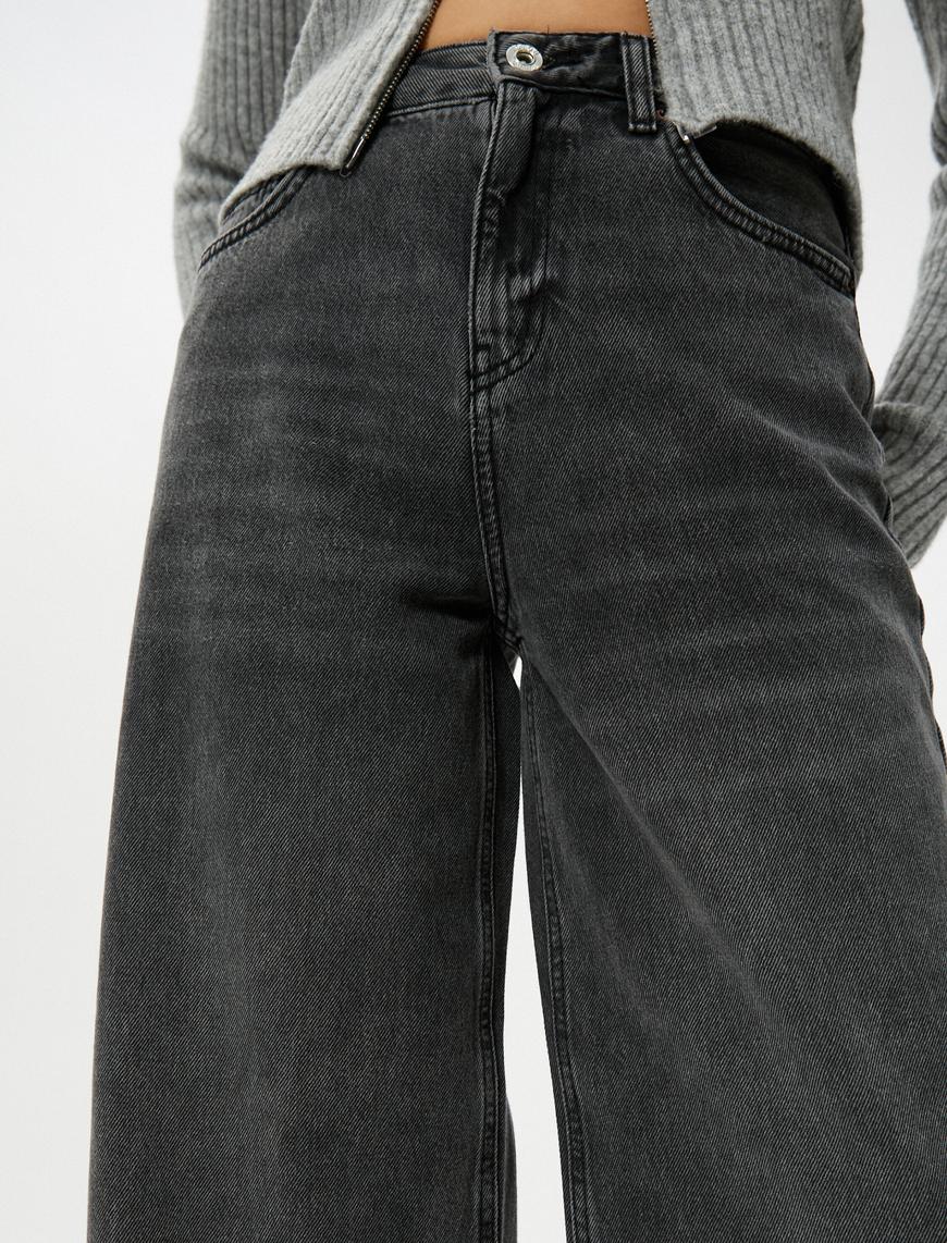  Kısa Ekstra Geniş Paça Kot Pantolon Standart Bel Cepli Pamuklu - Bianca Crop Jean