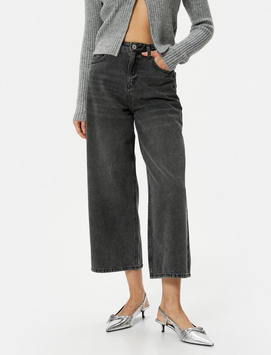   Kısa Ekstra Geniş Paça Kot Pantolon Standart Bel Cepli Pamuklu - Bianca Crop Jean