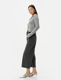 Kısa Ekstra Geniş Paça Kot Pantolon Standart Bel Cepli Pamuklu - Bianca Crop Jean