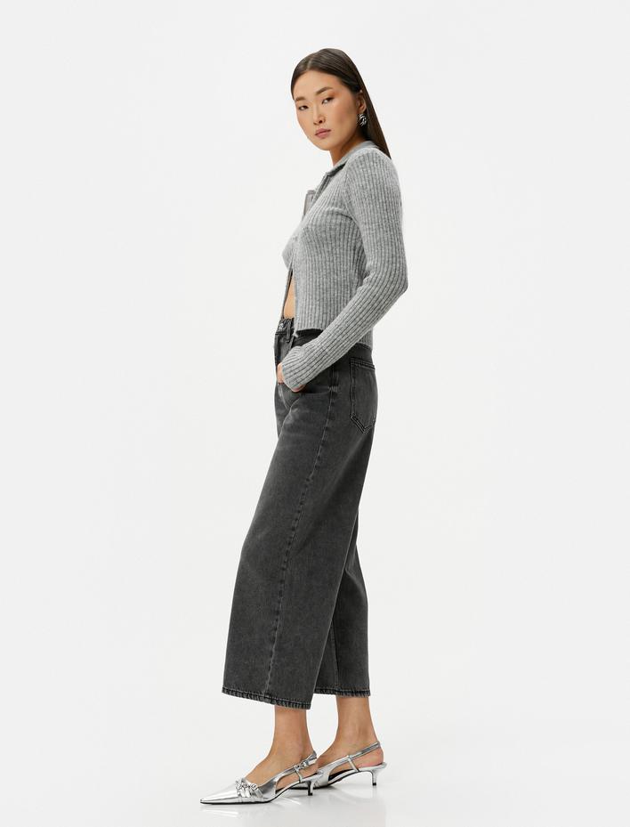  Kısa Ekstra Geniş Paça Kot Pantolon Standart Bel Cepli Pamuklu - Bianca Crop Jean