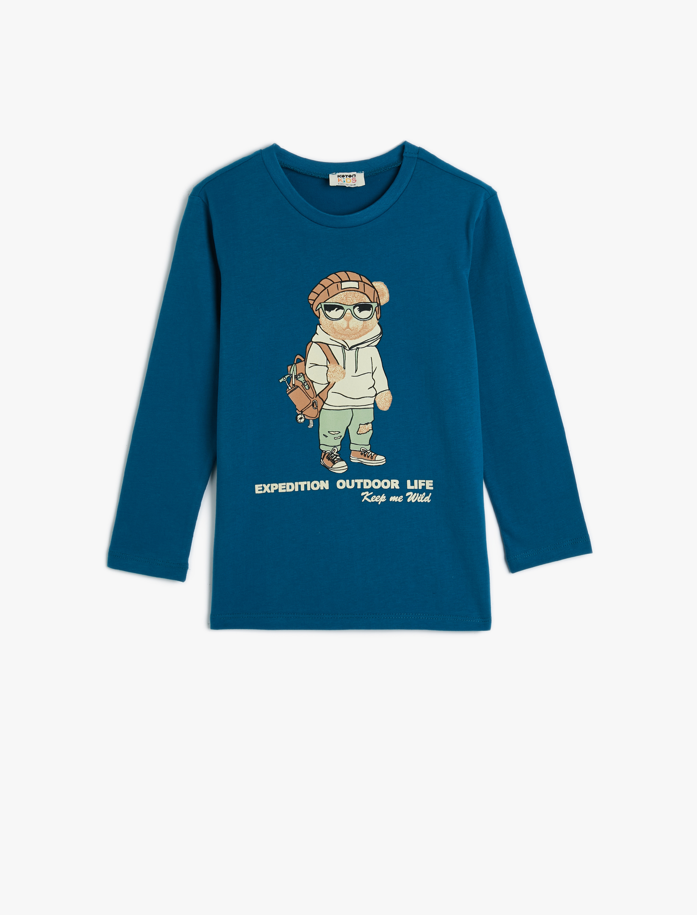  Erkek Çocuk Tişört Uzun Kollu Bisiklet Yaka Ayıcık Baskılı Pamuklu