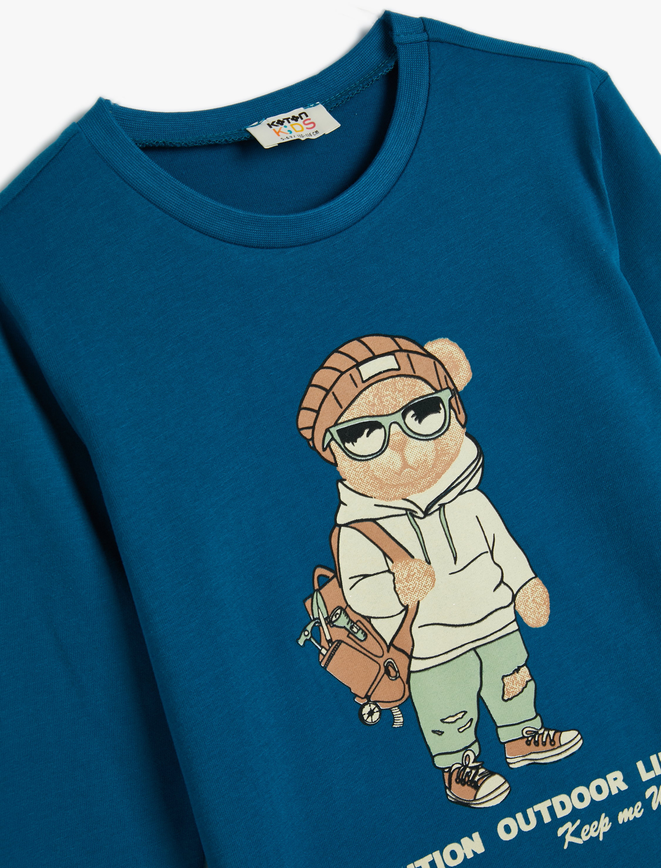  Erkek Çocuk Tişört Uzun Kollu Bisiklet Yaka Ayıcık Baskılı Pamuklu