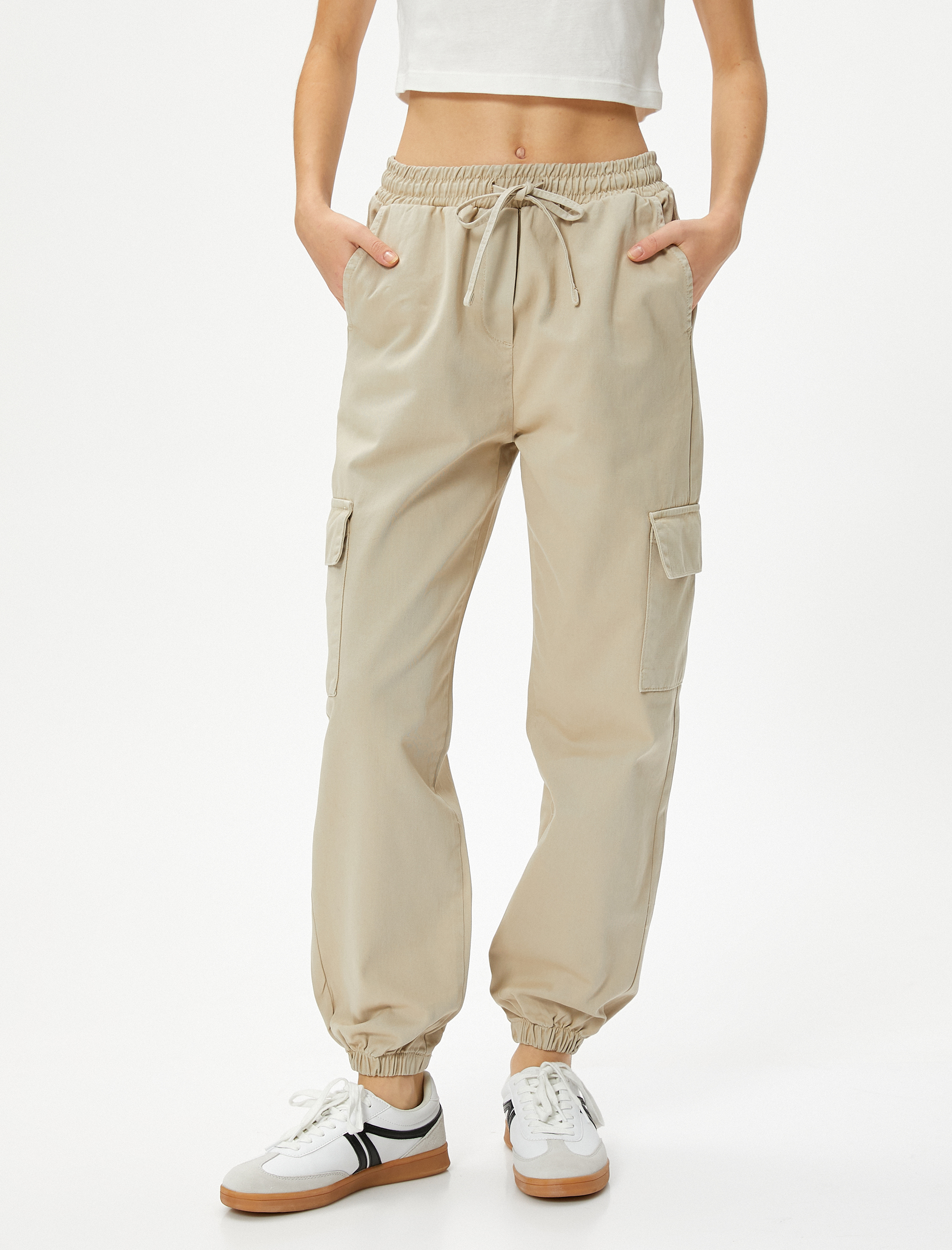   Kargo Jogger Pantolon Rahat Kalıp Beli Lastikli Bağlamalı Cepli Pamuklu