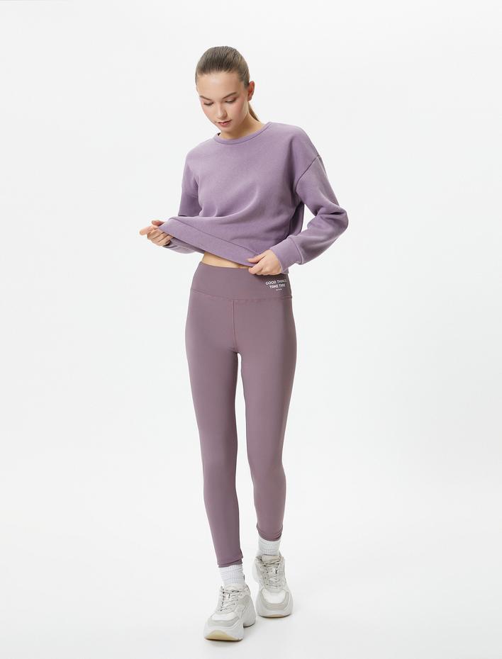  Şardonlu Basic Spor Crop Sweatshirt Rahat Kalıp Pamuklu Bisiklet Yaka Uzun Kollu