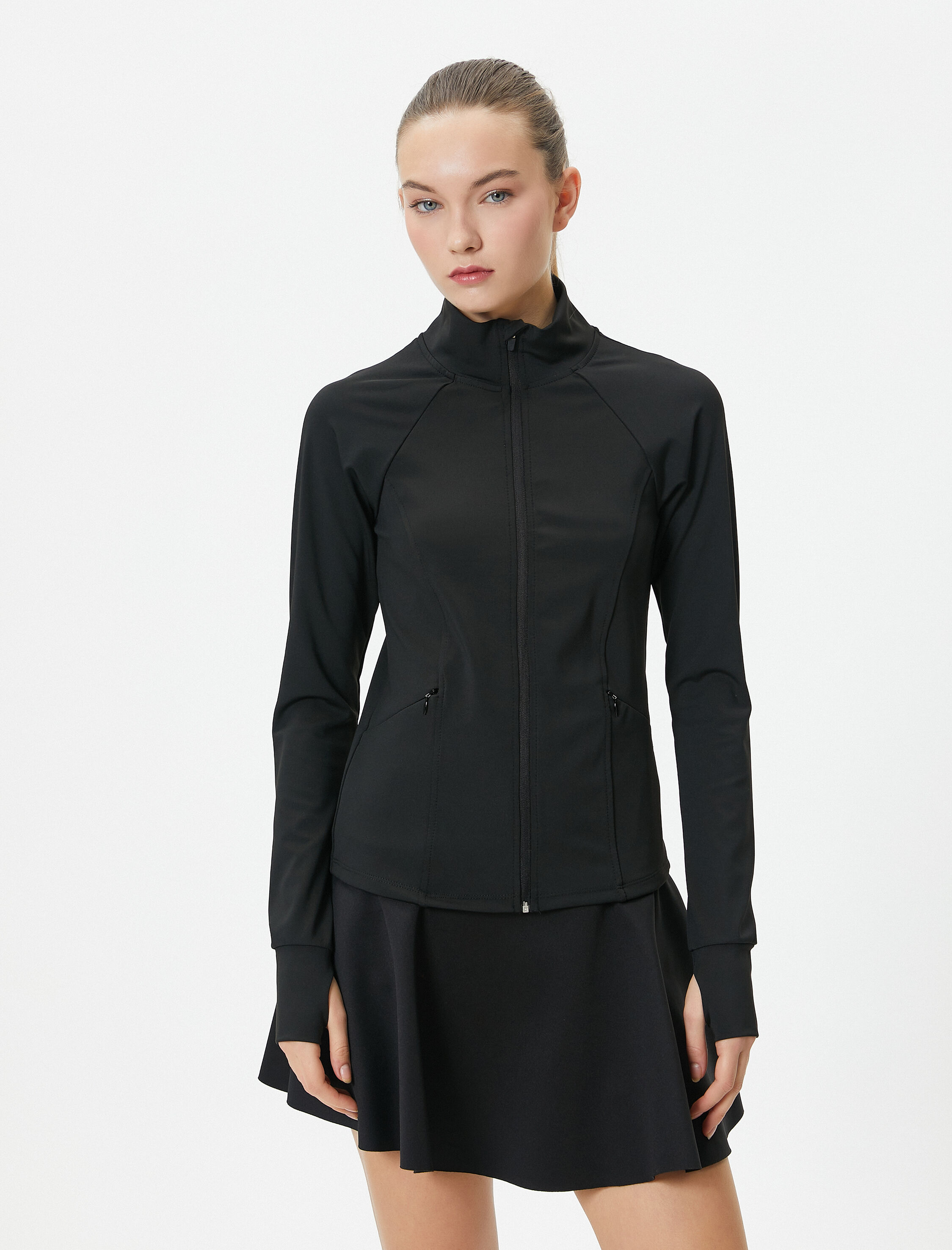   Fermuarlı Spor Sweatshirt Dar Kalıp Dik Yaka Cepli Uzun Kollu