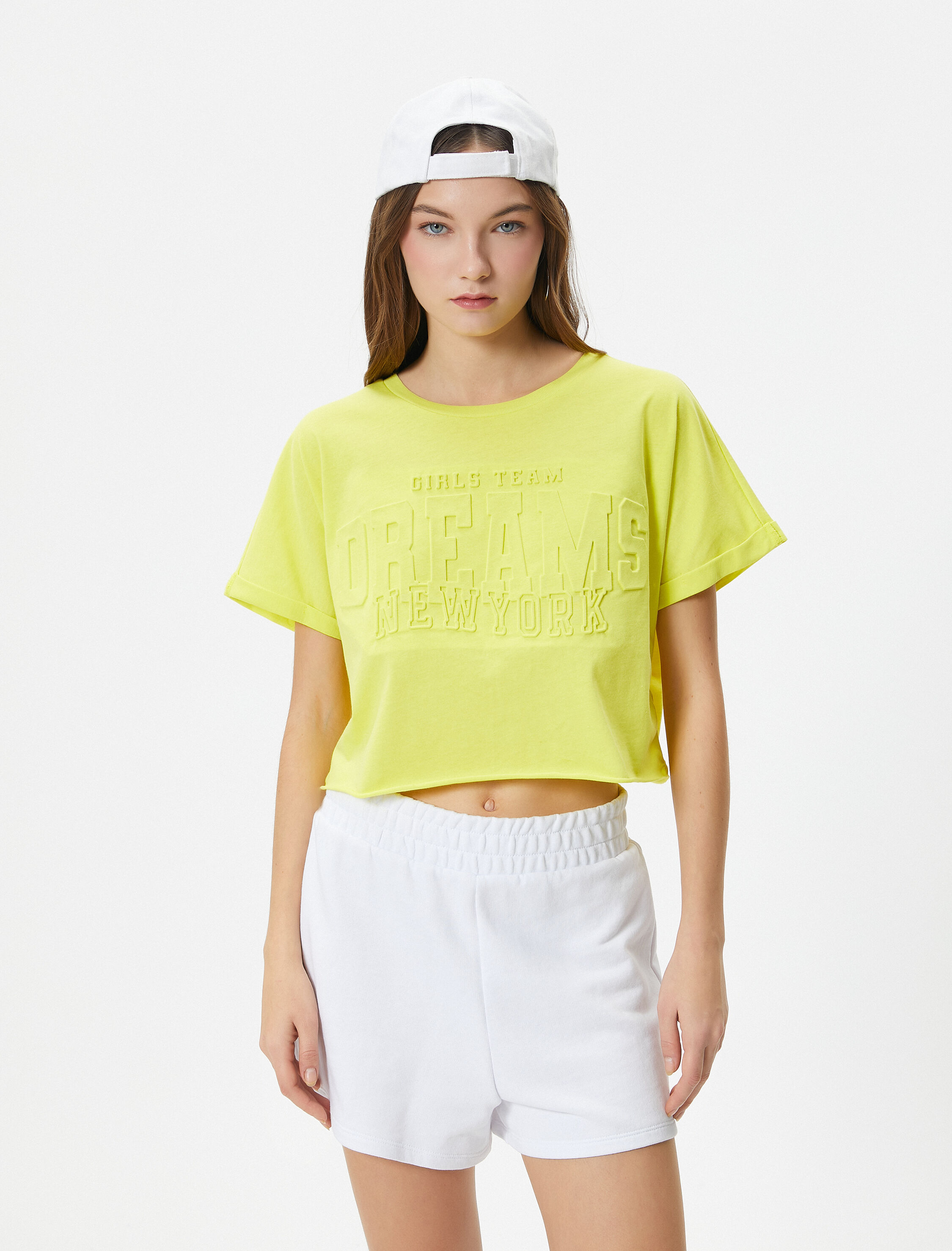   Kolej Crop Tişört Rahat Kalıp Kabartma Baskılı Kısa Kollu Bisiklet Yaka Pamuklu