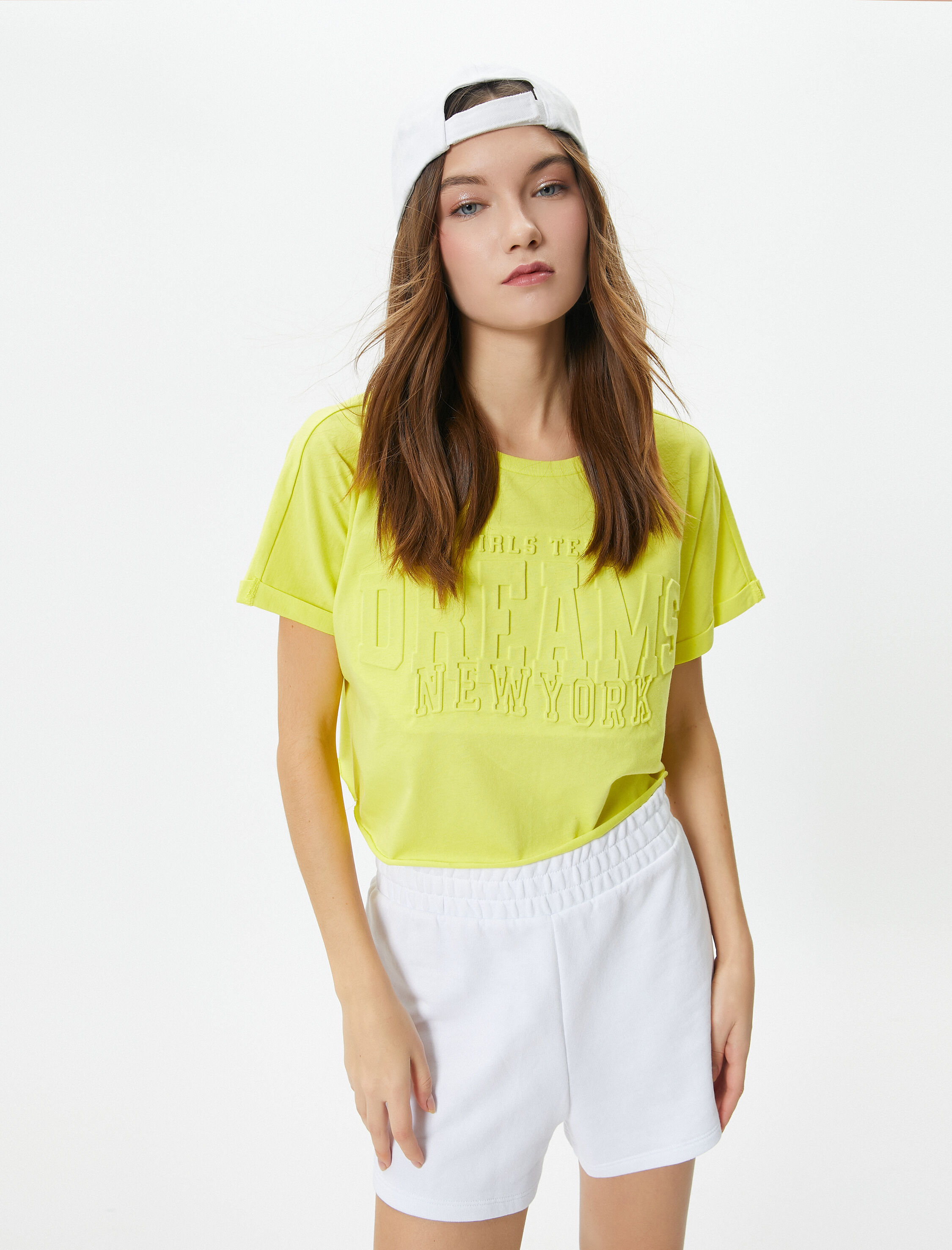   Kolej Crop Tişört Rahat Kalıp Kabartma Baskılı Kısa Kollu Bisiklet Yaka Pamuklu