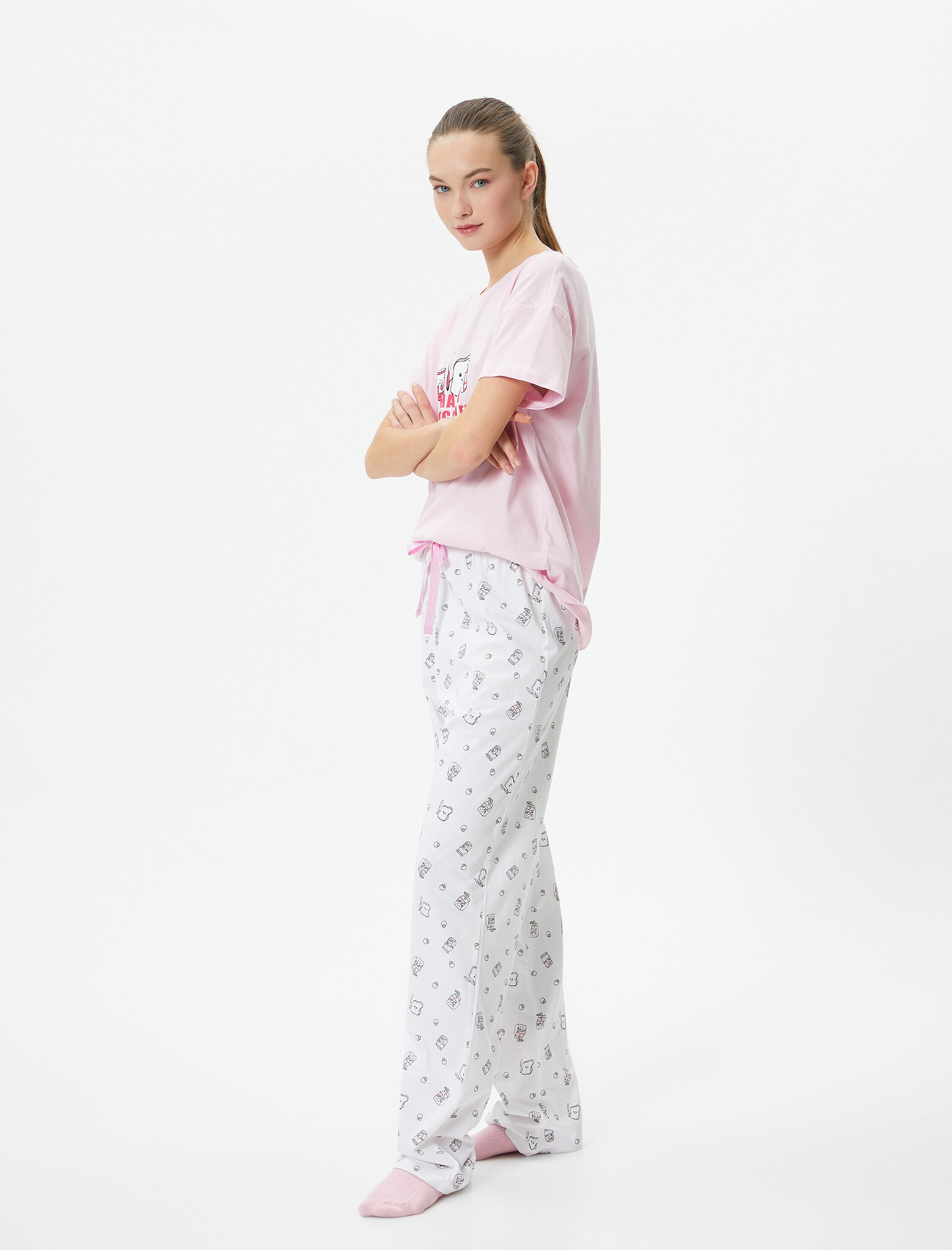   Kısa Kollu Pijama Takımı Baskılı Bisiklet Yaka