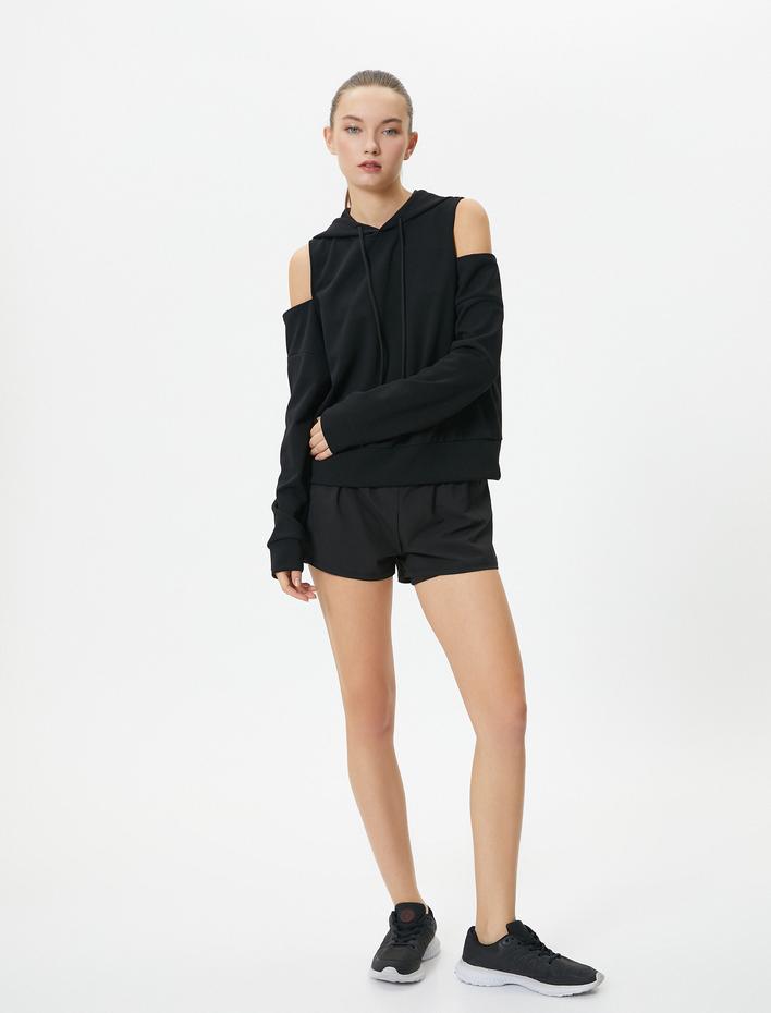  Kapşonlu Sweatshirt Spor Omuzları Pencere Detaylı Slim Fit Uzun Kollu