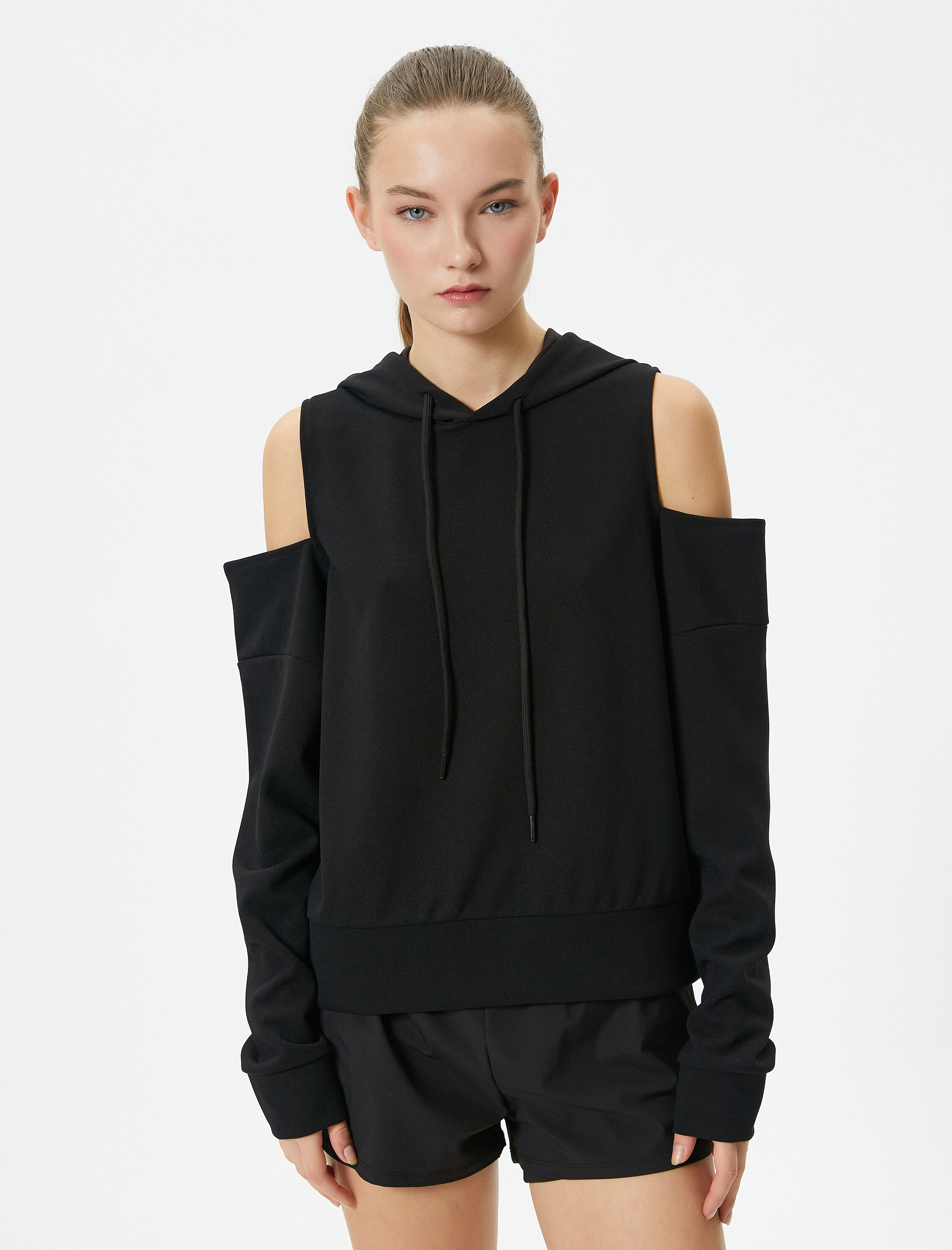   Kapşonlu Sweatshirt Spor Omuzları Pencere Detaylı Slim Fit Uzun Kollu