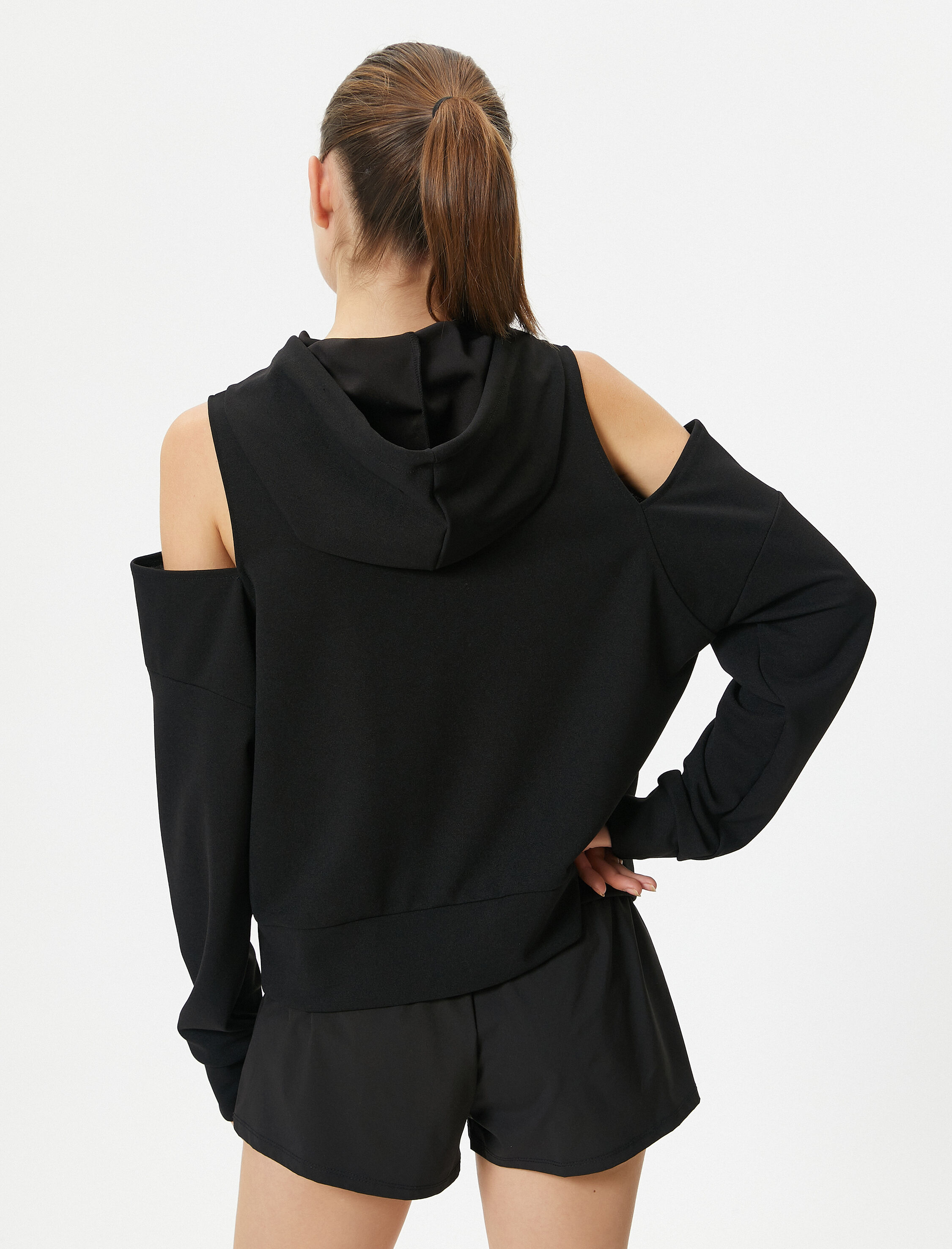   Kapşonlu Sweatshirt Spor Omuzları Pencere Detaylı Slim Fit Uzun Kollu