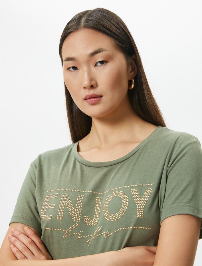  Kısa Kollu Tişört Baskılı Taşlı Bisiklet Yaka Regular Fit