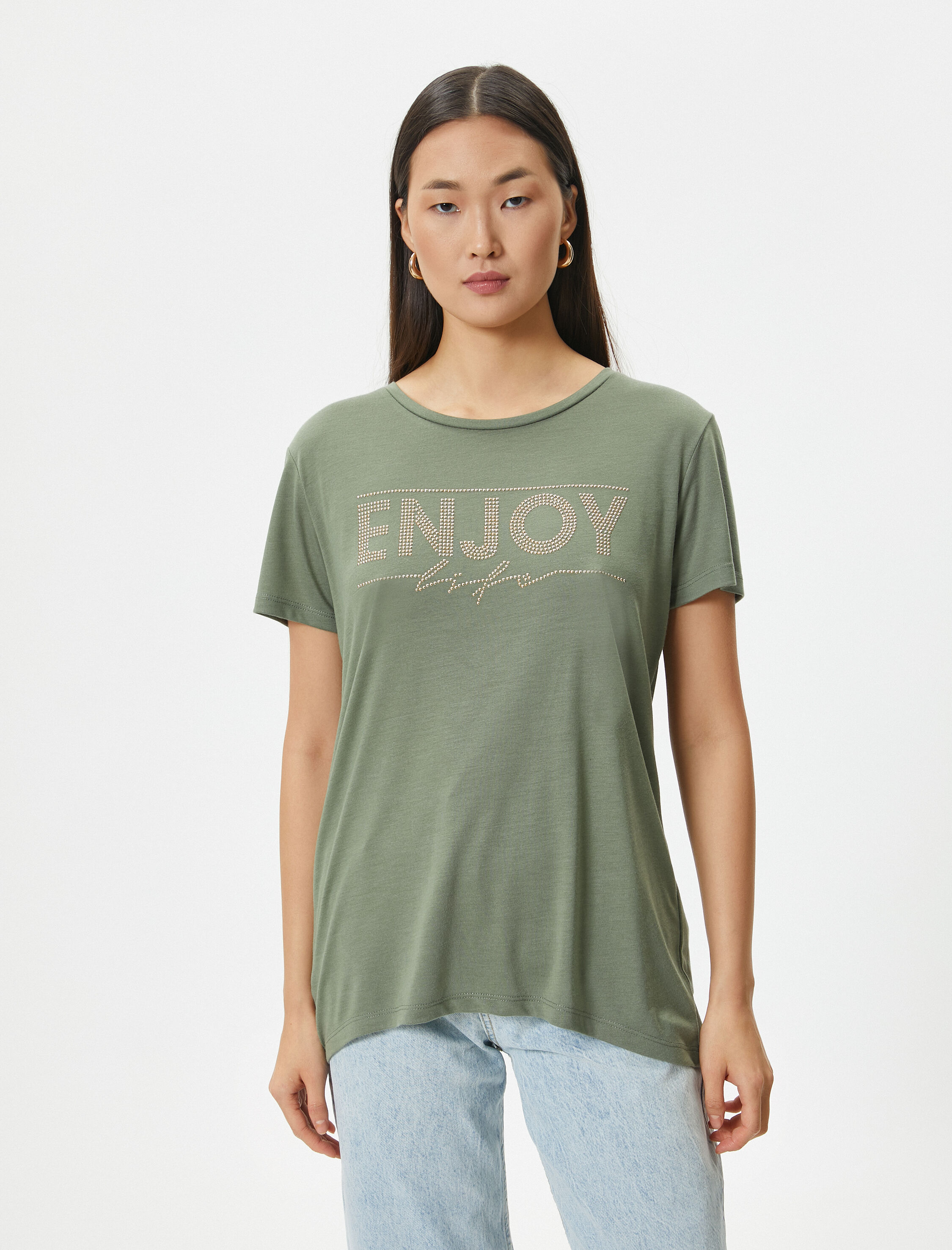   Kısa Kollu Tişört Baskılı Taşlı Bisiklet Yaka Regular Fit