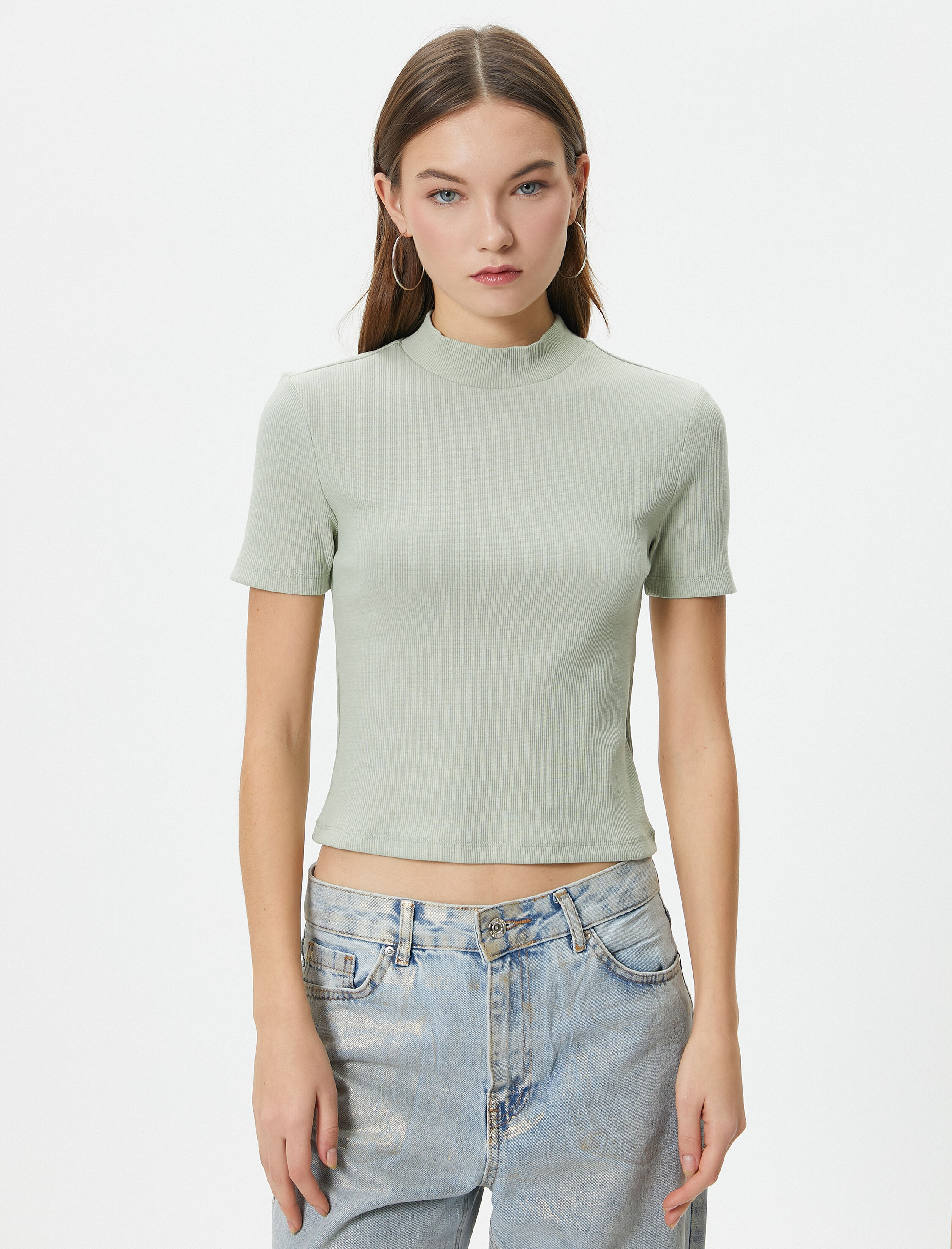   Balıkçı Yaka Crop Tişört Slim Fit Kısa Kollu Kaşkorse Pamuklu