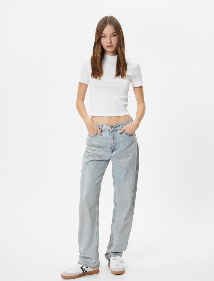  Balıkçı Yaka Crop Tişört Slim Fit Kısa Kollu Kaşkorse Pamuklu