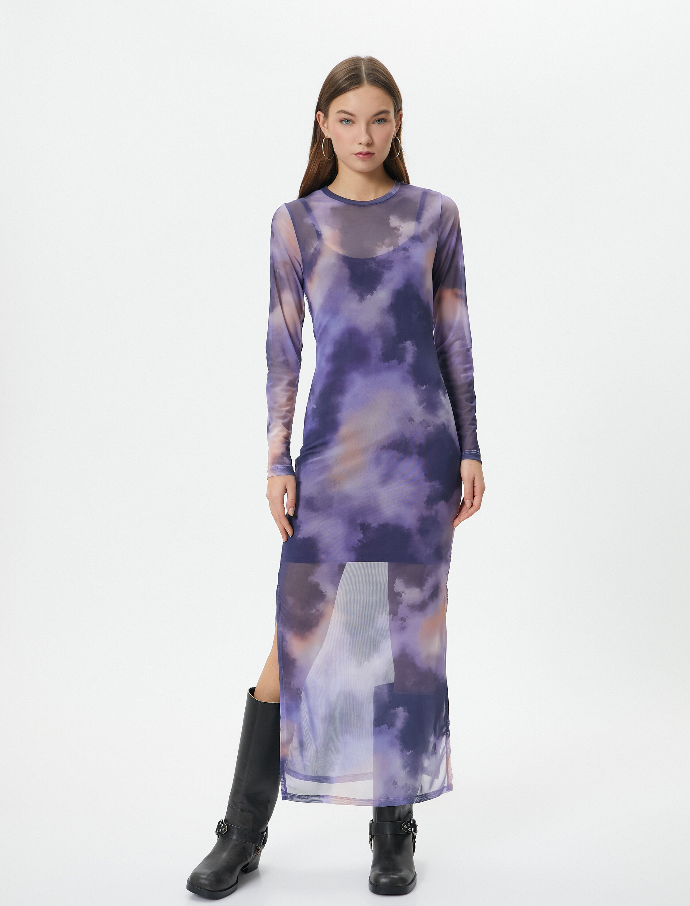   Tül Kalem Elbise Midi Boy Batik Desenli Uzun Kollu Yuvarlak Yaka Astarlı Yırtmaçlı