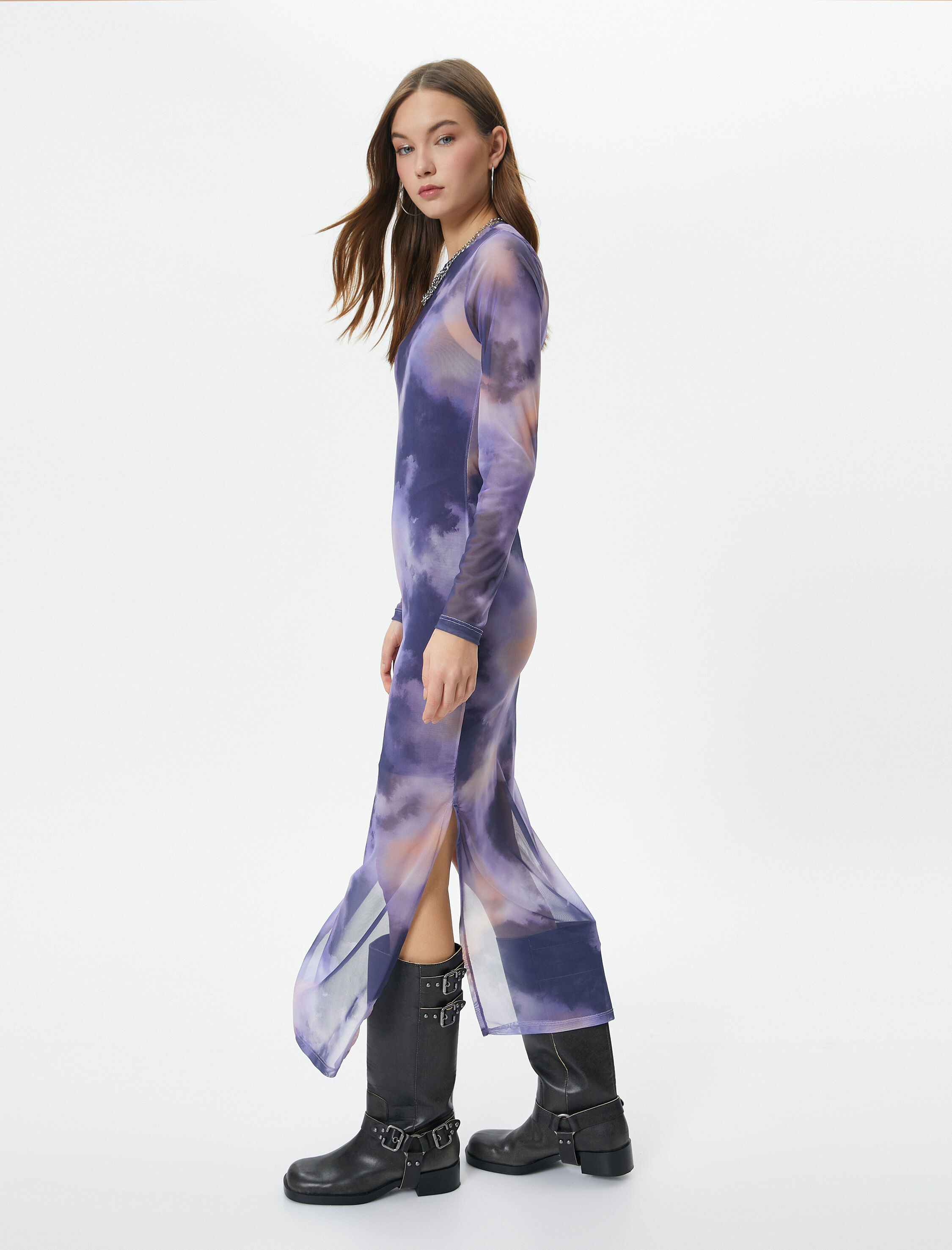   Tül Kalem Elbise Midi Boy Batik Desenli Uzun Kollu Yuvarlak Yaka Astarlı Yırtmaçlı