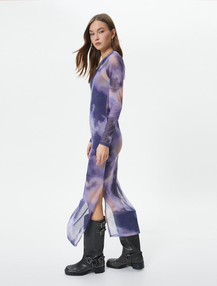  Tül Kalem Elbise Midi Boy Batik Desenli Uzun Kollu Yuvarlak Yaka Astarlı Yırtmaçlı