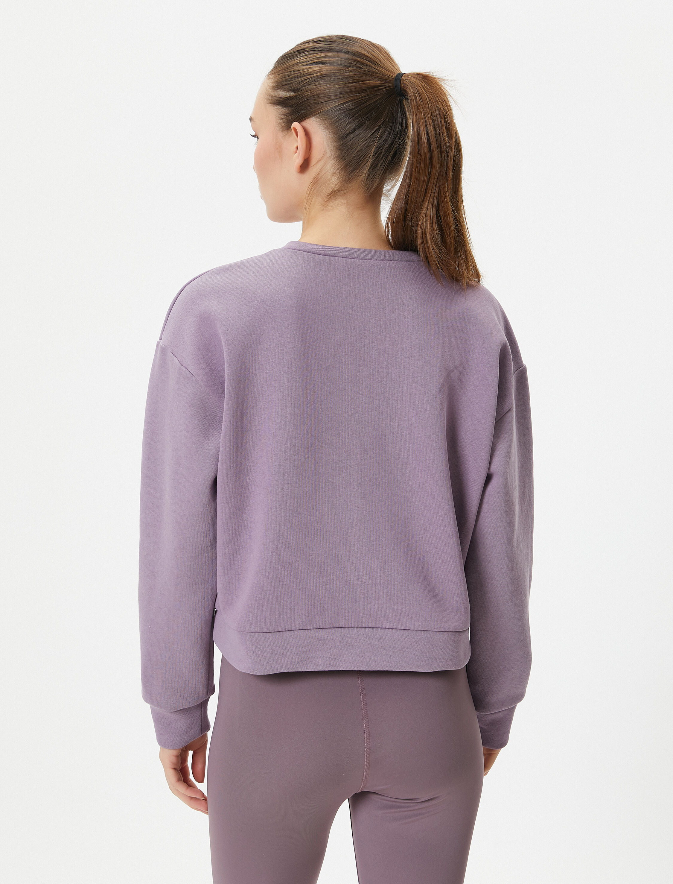   Şardonlu Basic Spor Crop Sweatshirt Rahat Kalıp Pamuklu Bisiklet Yaka Uzun Kollu