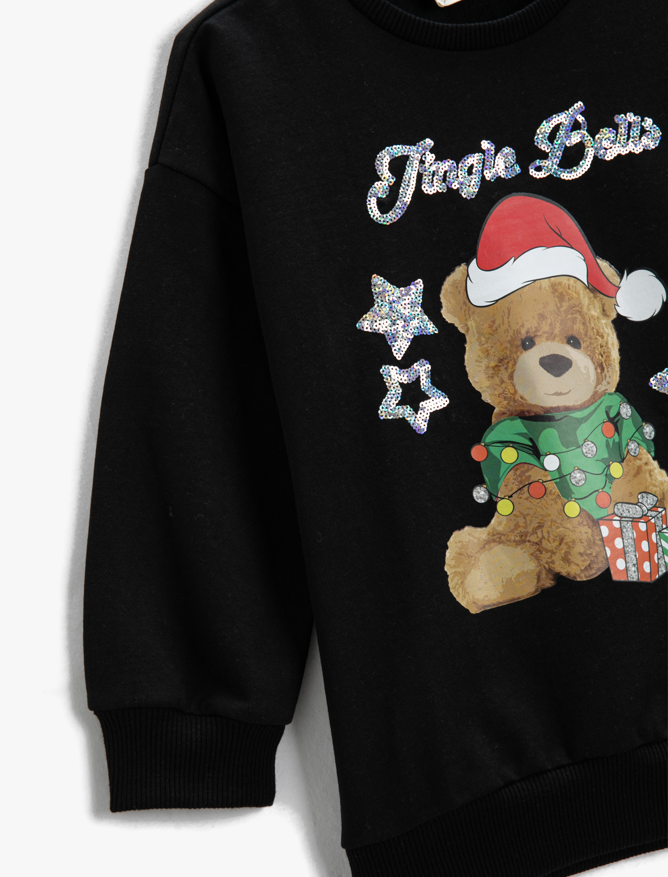  Kız Çocuk Yılbaşı Temalı Ayıcık Baskılı Sweatshirt Uzun Kollu Şardonlu