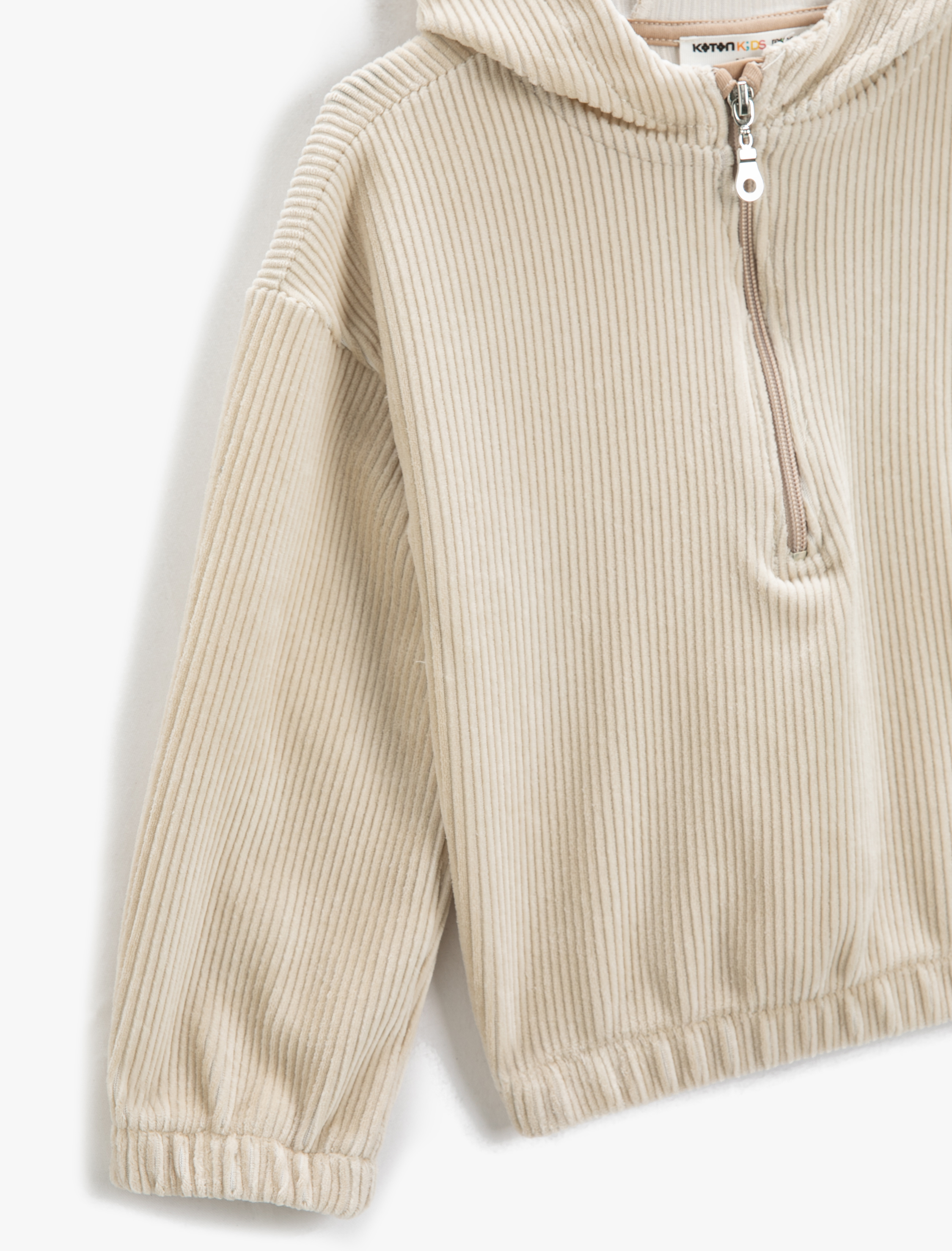  Kız Çocuk Kapşonlu Sweatshirt Fitilli Kadife Yarım Fermuar Detaylı