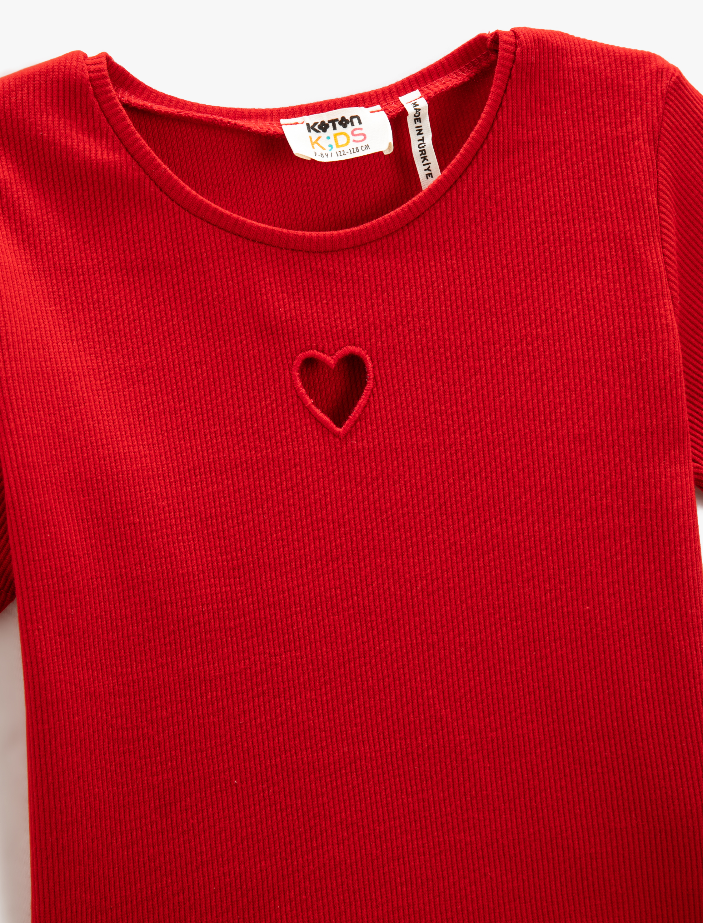  Kız Çocuk Basic Crop Tişört Kalp Pencere Detaylı Kısa Kollu Bisiklet Yaka