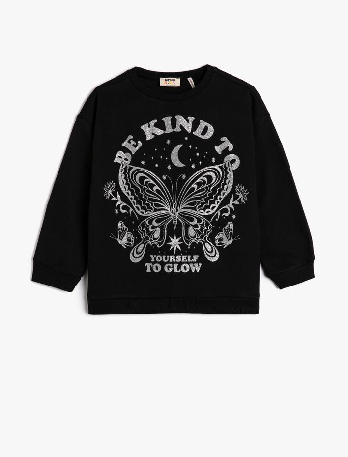 Kız Çocuk Sweatshirt Kelebek Baskılı Simli Uzun Kollu Bisiklet Yaka Şardonlu