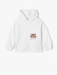 Kapşonlu Sweatshirt Kedi Baskılı Uzun Kollu Şardonlu