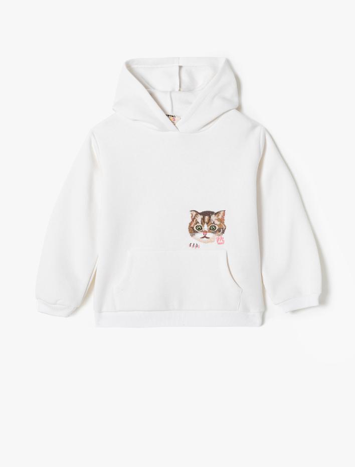 Kız Çocuk Kapşonlu Sweatshirt Kedi Baskılı Uzun Kollu Şardonlu